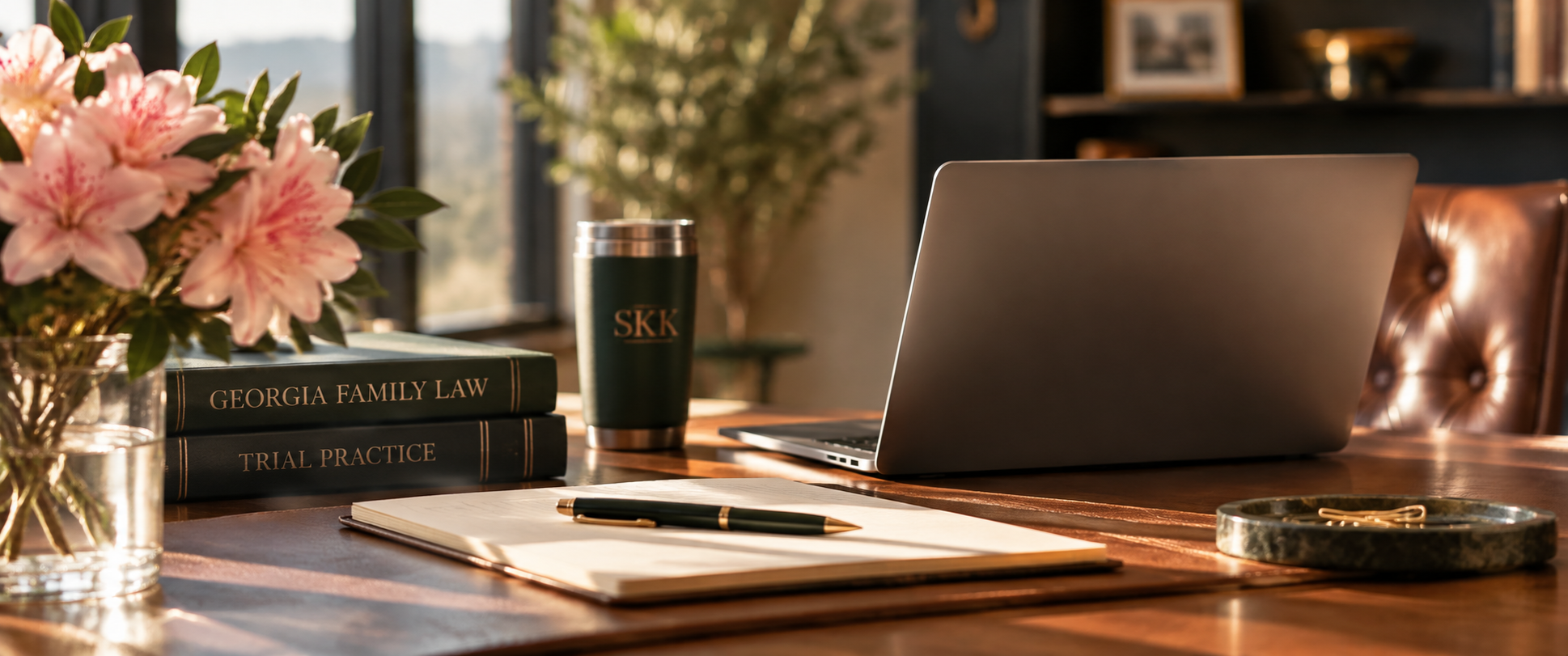 Family law and trial preparation workspace at The Kimbrell Law Firm, P.C. in North Georgia.