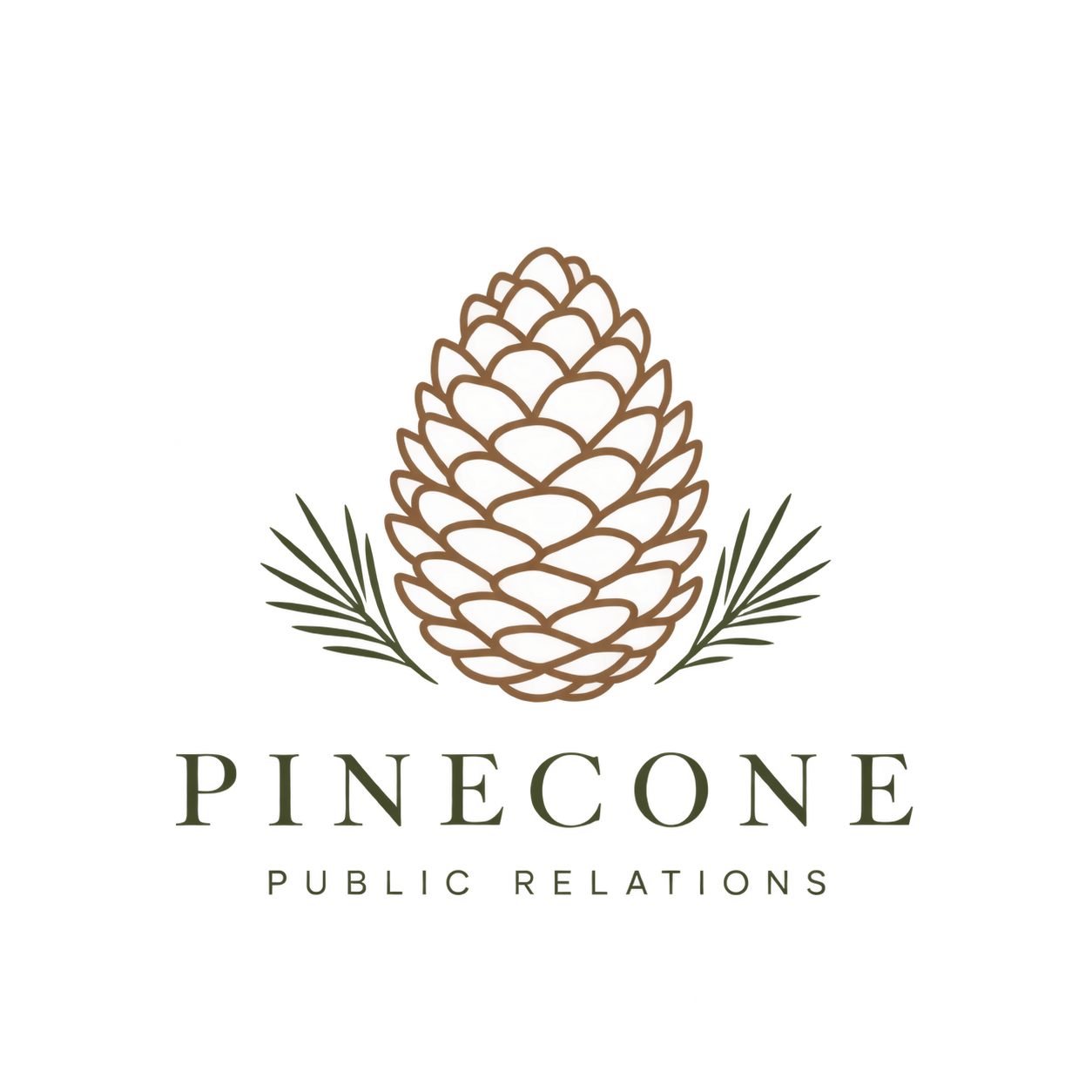 A logo featuring a pine cone with green pine needles on either side, and the words 'Pinecone Public Relations' beneath it.