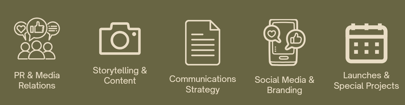 Icons representing different marketing and communication services: PR & media relations, storytelling & content, communications strategy, social media & branding, launches & special projects, all on an olive green background.