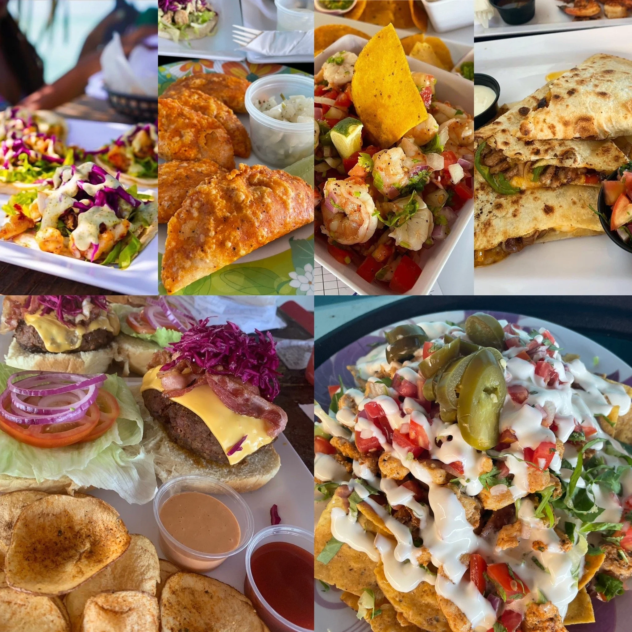 A collage of various Mexican foods including tacos, nachos, a burger, fried chicken, salads, and dipping sauces on a table.