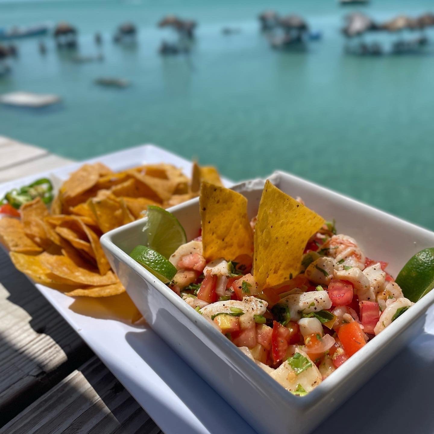 Bowl of shrimp ceviche with lime slices and two yellow tortilla chips, near a side of tortilla chips on a plate, with a blurred marina and boats in the background.