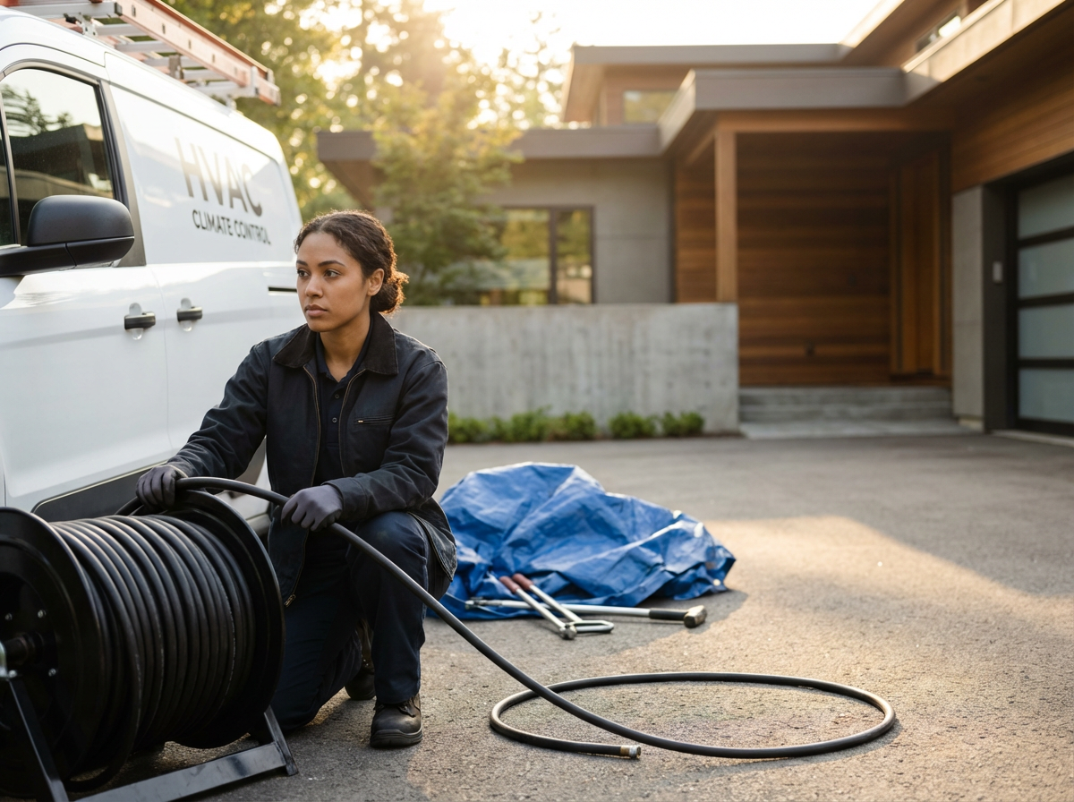 A woman in work gloves is kneeling next to a large hose reel, preparing equipment outside a modern house during daylight, with a van marked "HVAC Climate Control" nearby and a blue tarpaulin with tools in the background.