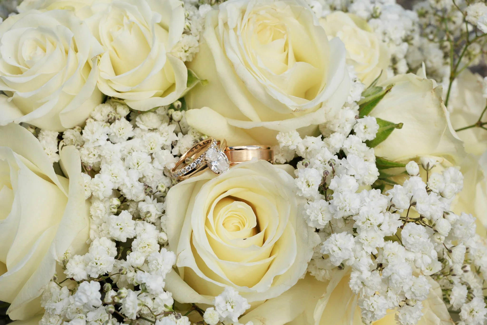 Close-up of a bouquet of white roses and small white flowers with wedding rings placed on top.