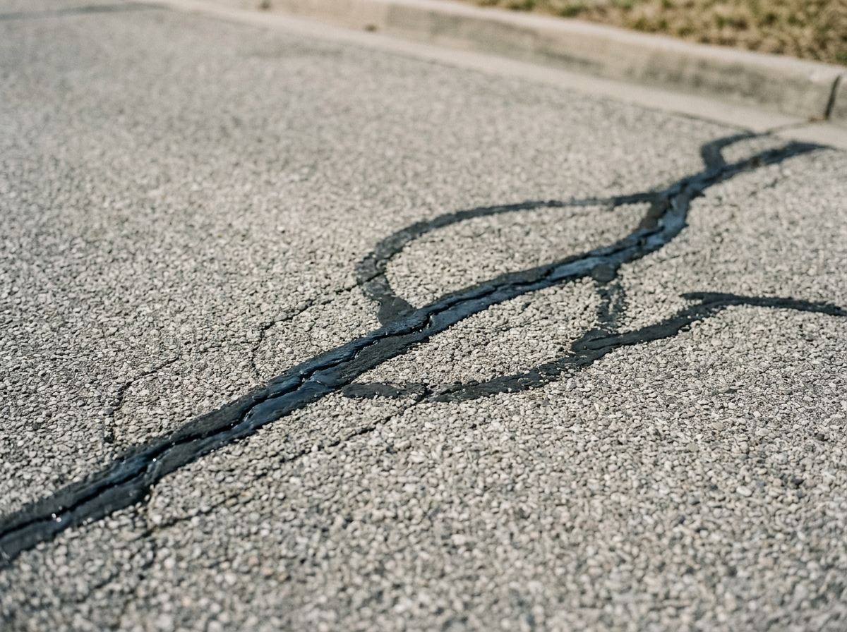 Close-up of a crack in the asphalt pavement with black sealant applied to repair it.