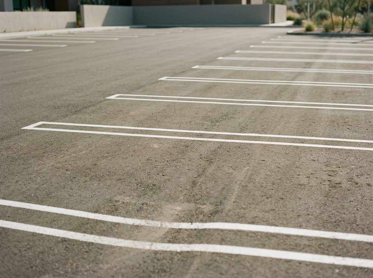 Empty parking lot with white painted parking space lines on gray asphalt surface.