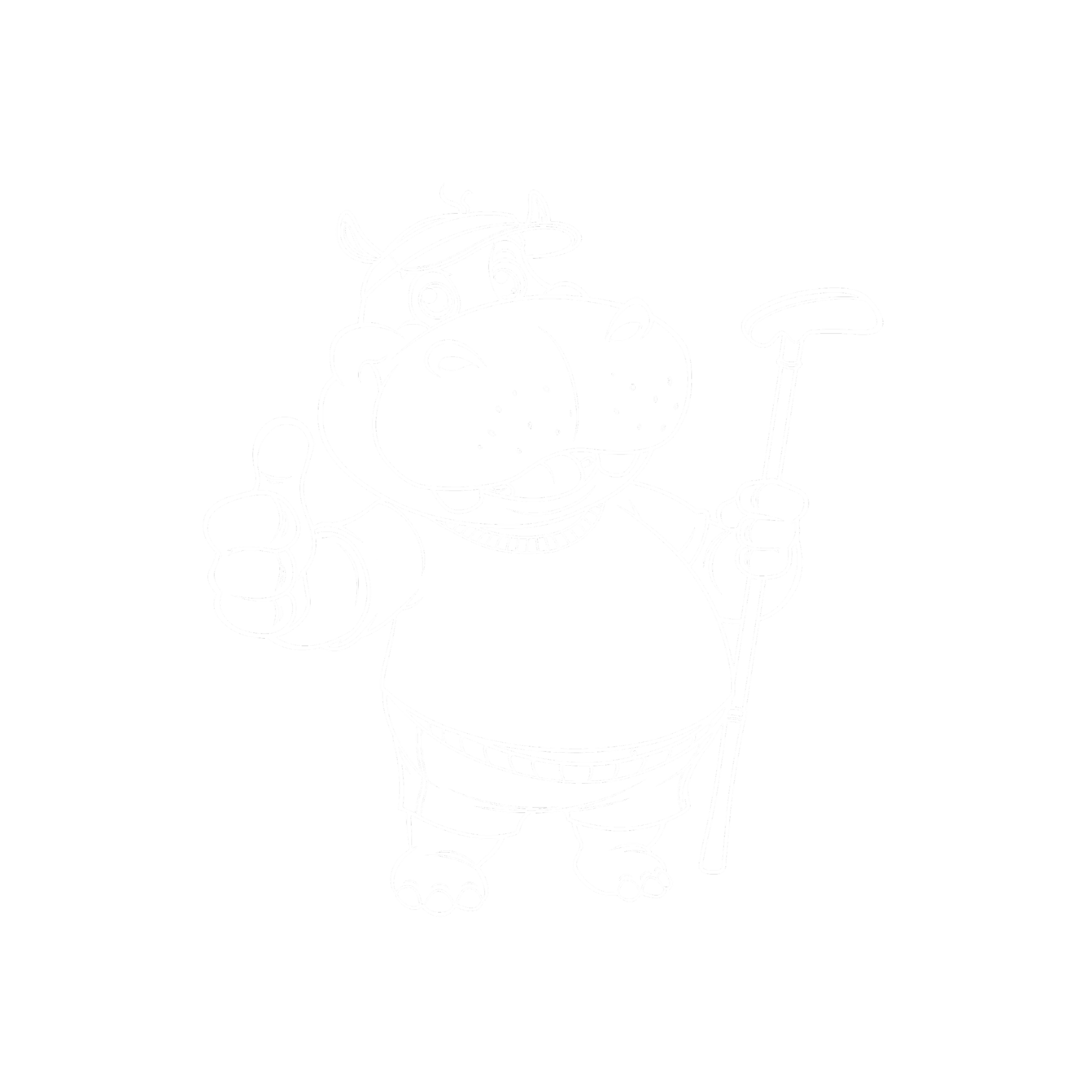 A white outline drawing of a cartoon dinosaur holding a golf club, wearing a hat, with a big mouth and sharp teeth, on a black background.