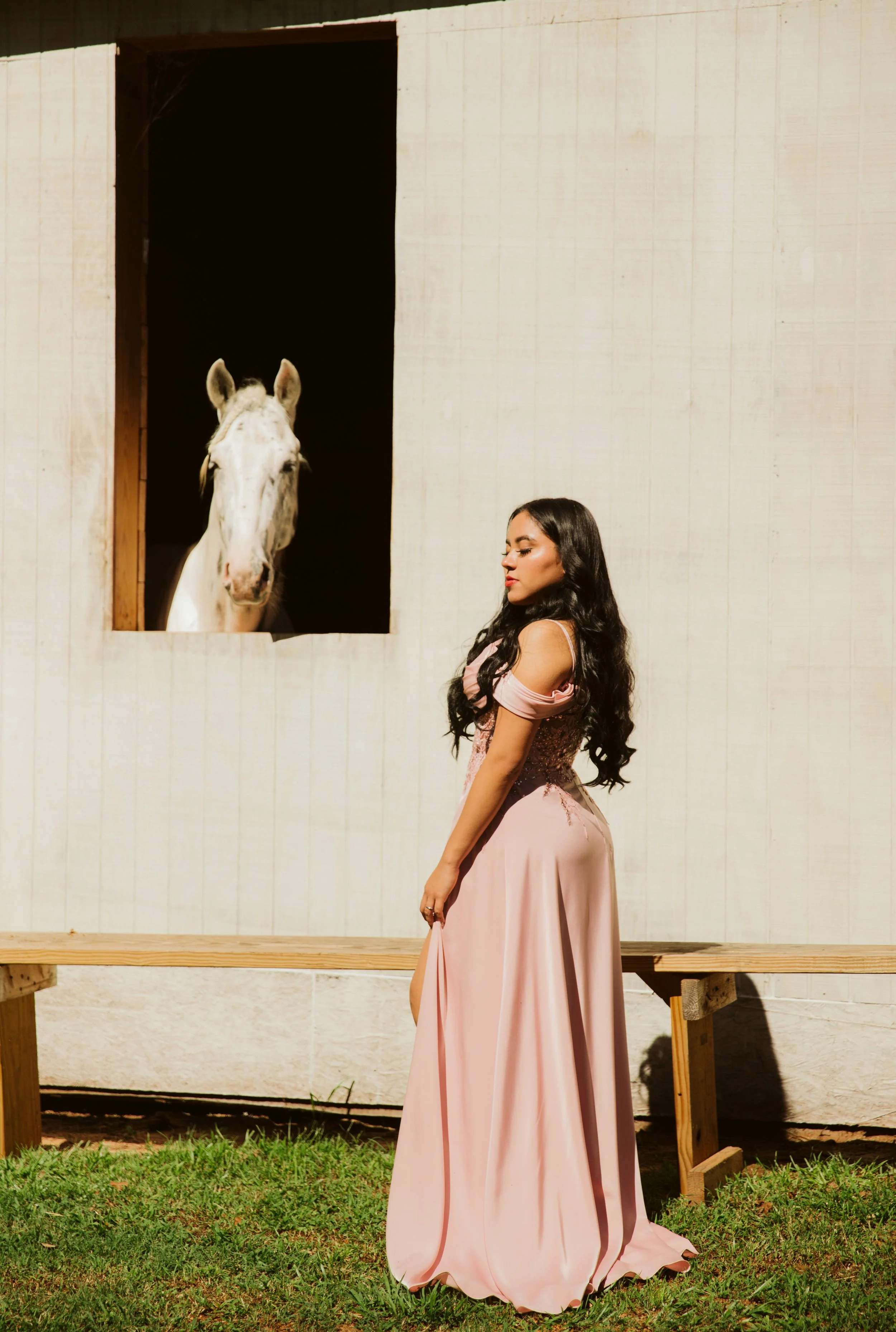 A woman in a pink gown with long dark hair standing in front of a wooden barn wall with a large opening. A white horse with black spots looks out from the dark barn interior, framed by the opening.
