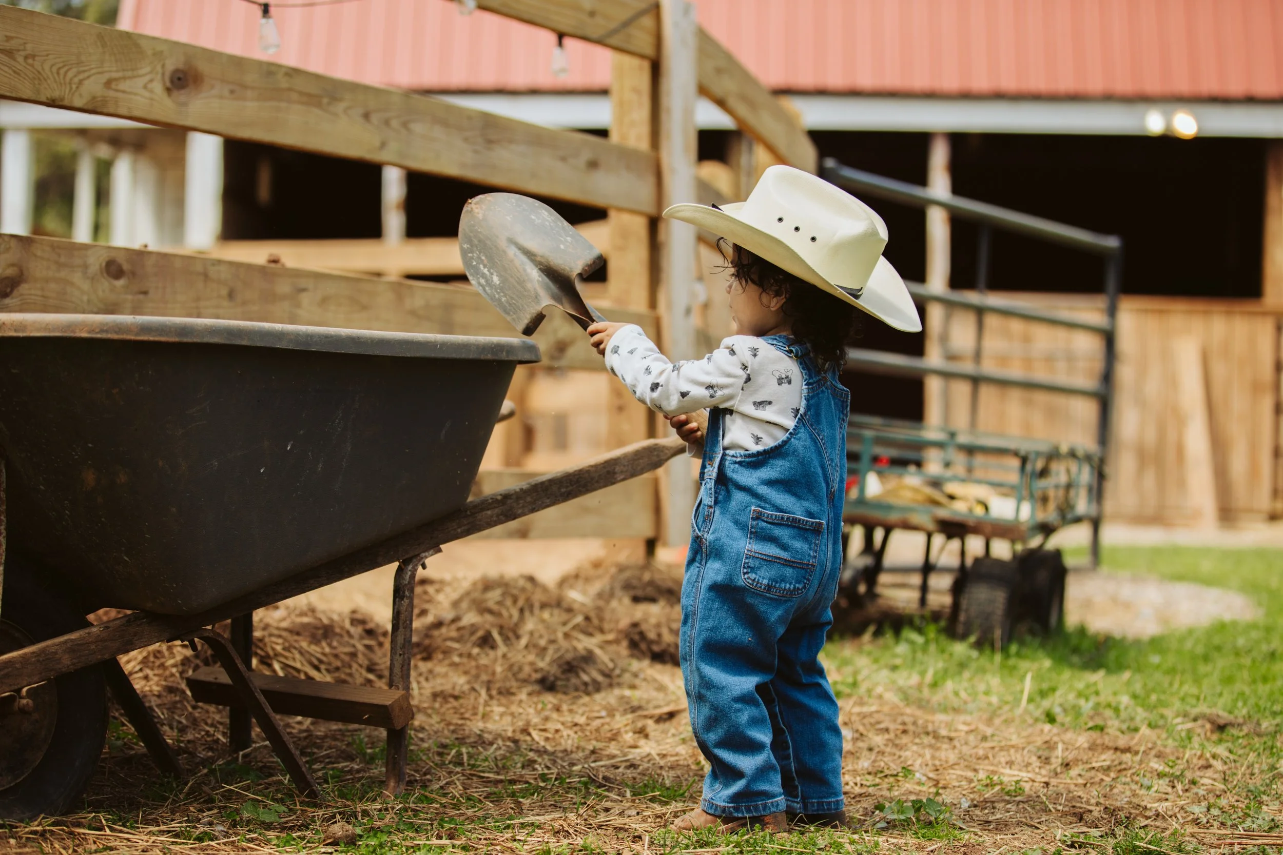 A young child wearing a cowboy hat and denim overalls, playing with a shovel near a wheelbarrow outdoors at a farm.