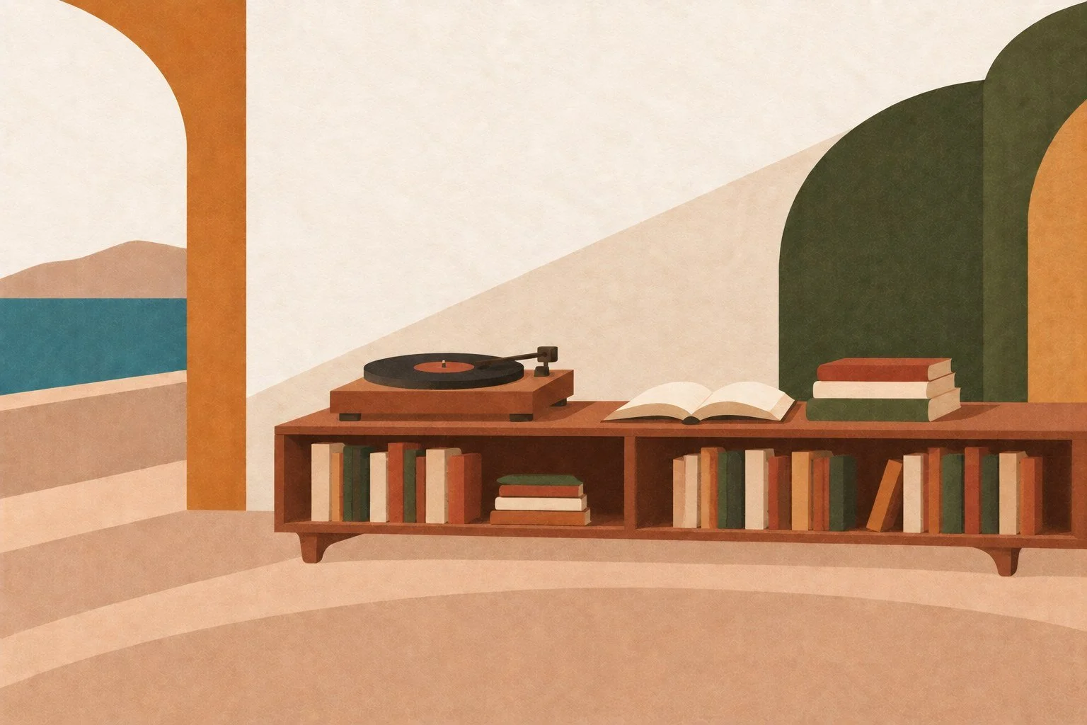 Illustration of a low bookshelf with a record player and an open book, with a view of the lake