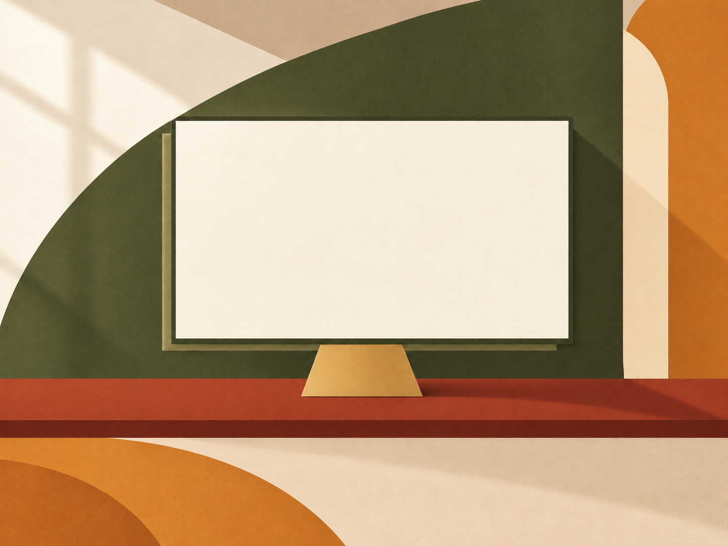 Abstract geometric computer in ivory, olive, ochre and terracotta.