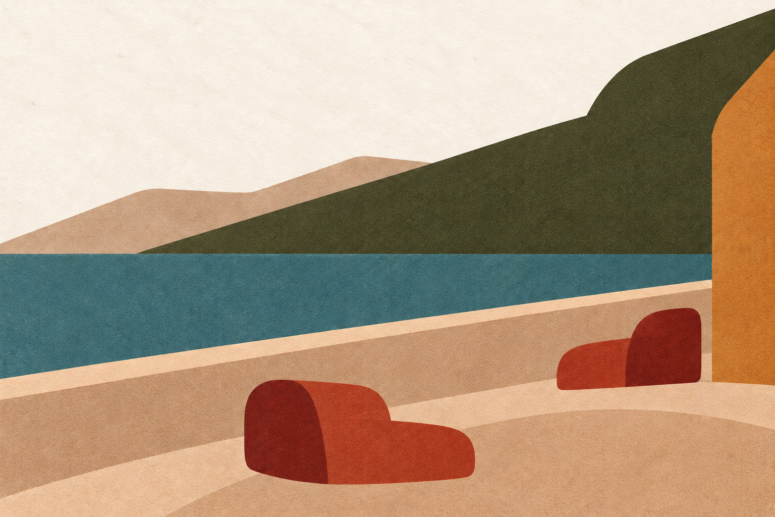 Abstract lakeside scene with warm red chairs, blue water and an olive hillside.