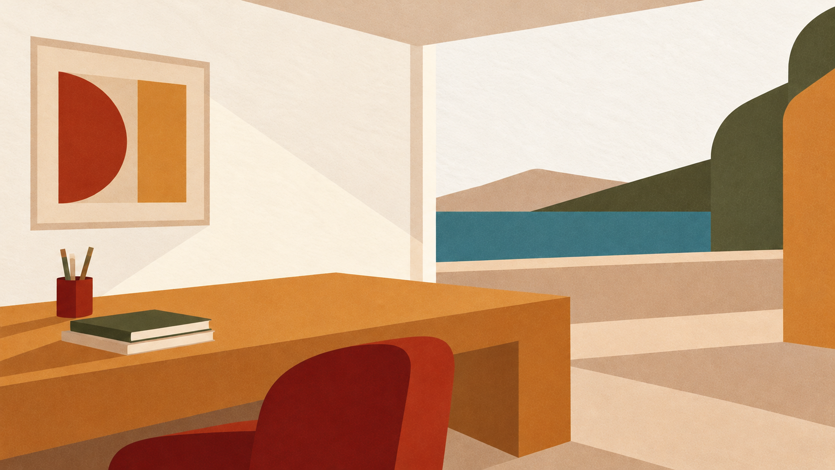 Abstract ochre desk and terracotta chair beside a geometric landscape.