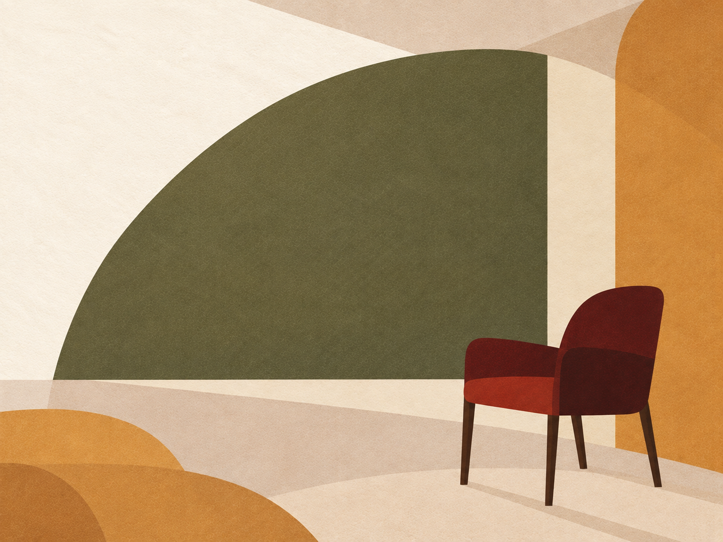 Red chair beneath olive and ochre architectural shapes.