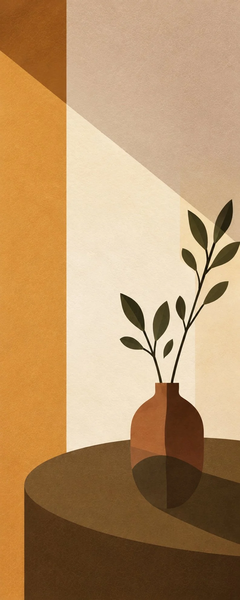 An ochre vase with olive leaves against warm architectural shapes.