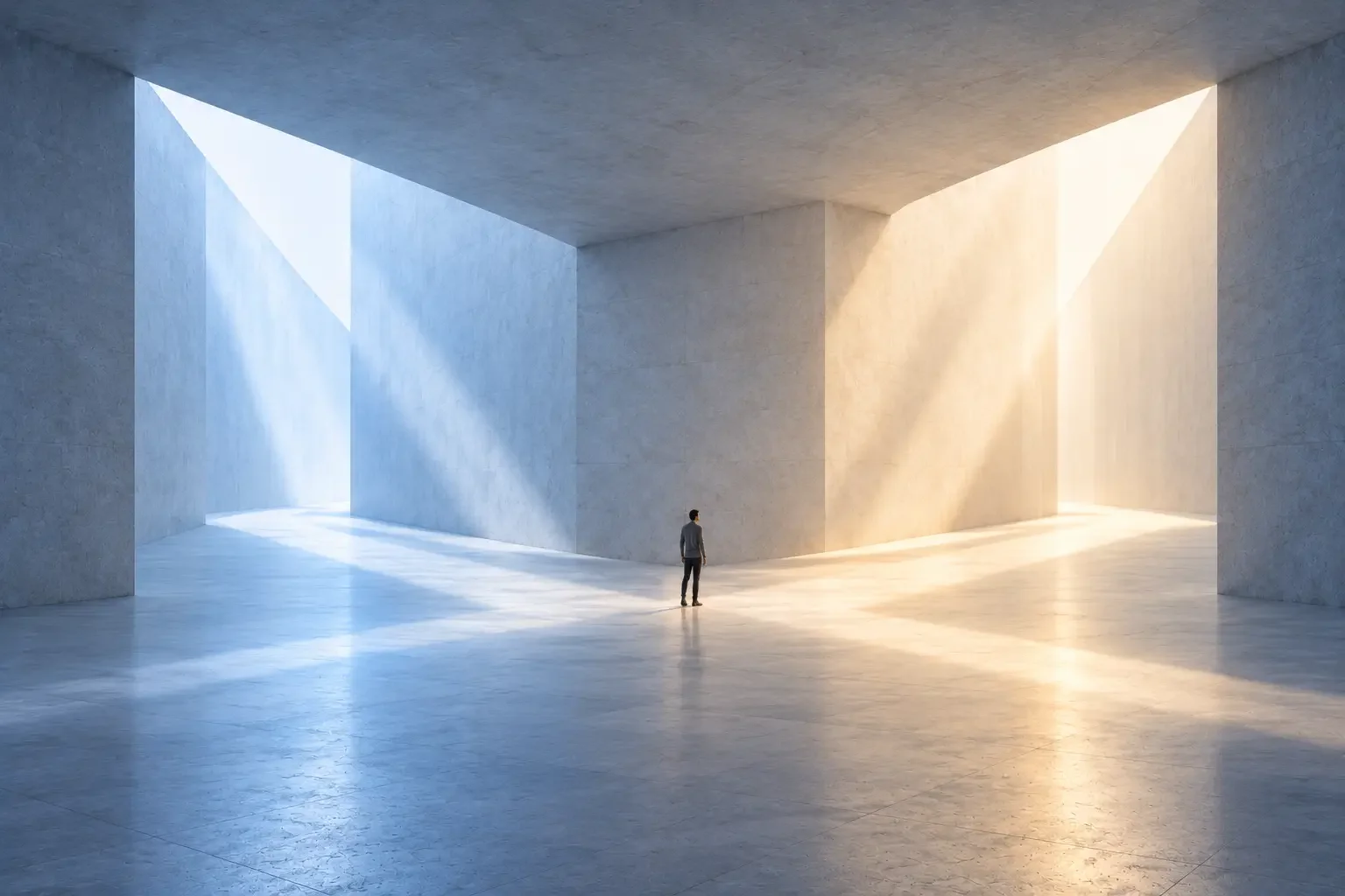 A person standing alone in a large, minimalist interior space with tall, textured walls and natural light streaming in through openings in the ceiling, creating a serene atmosphere.