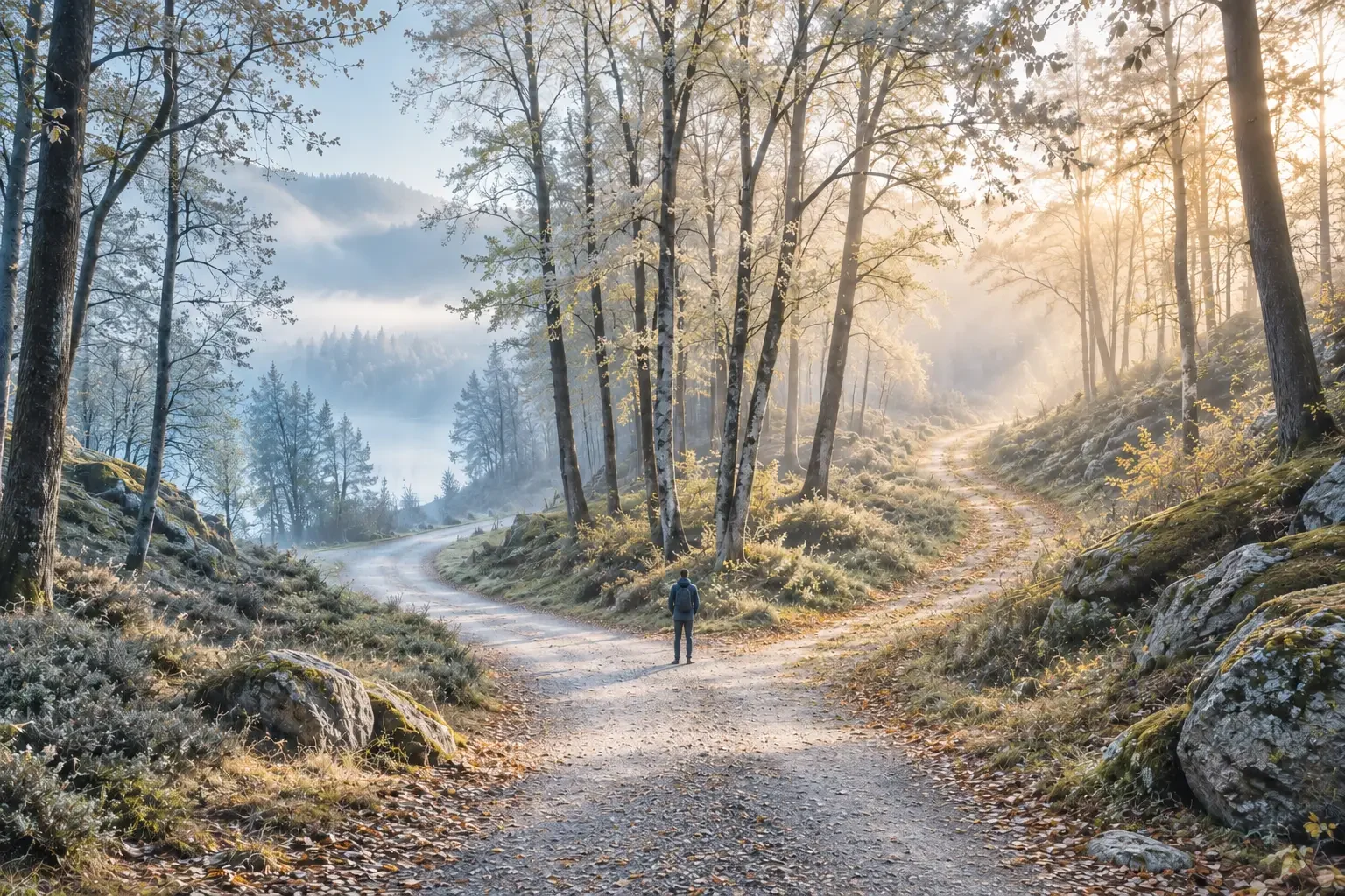 A person walking searching for counselling on a forked dirt trail in a forest during early morning or late afternoon, with sunlight filtering through the trees and fog in the background.