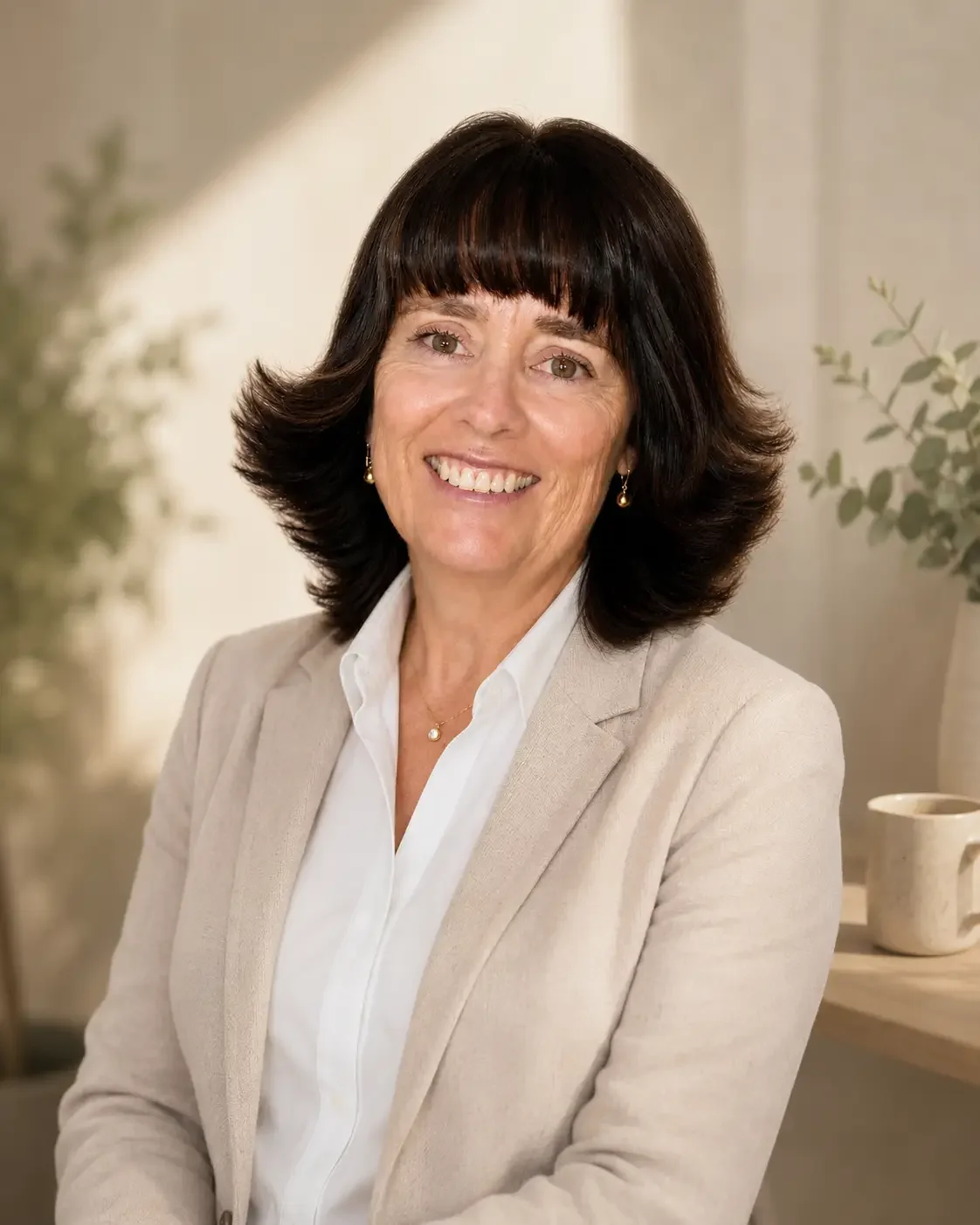 Janine Sharpe, counsellor, with shoulder-length dark hair and bangs, wearing a beige blazer and white shirt, sitting in a cozy indoor setting with a plant and coffee mug in the background.