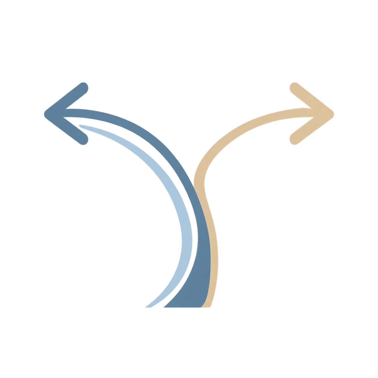 A diagram showing a fork in the road with two arrows, one pointing left colored blue, and one pointing right colored beige.