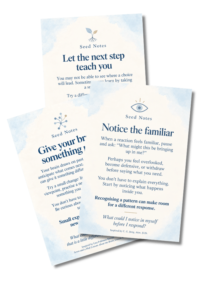 Janine Sharpe, supervisor, two seed note cards with tips on mindfulness and self-awareness, titled 'Let the next step teach you' and 'Notice the familiar'.