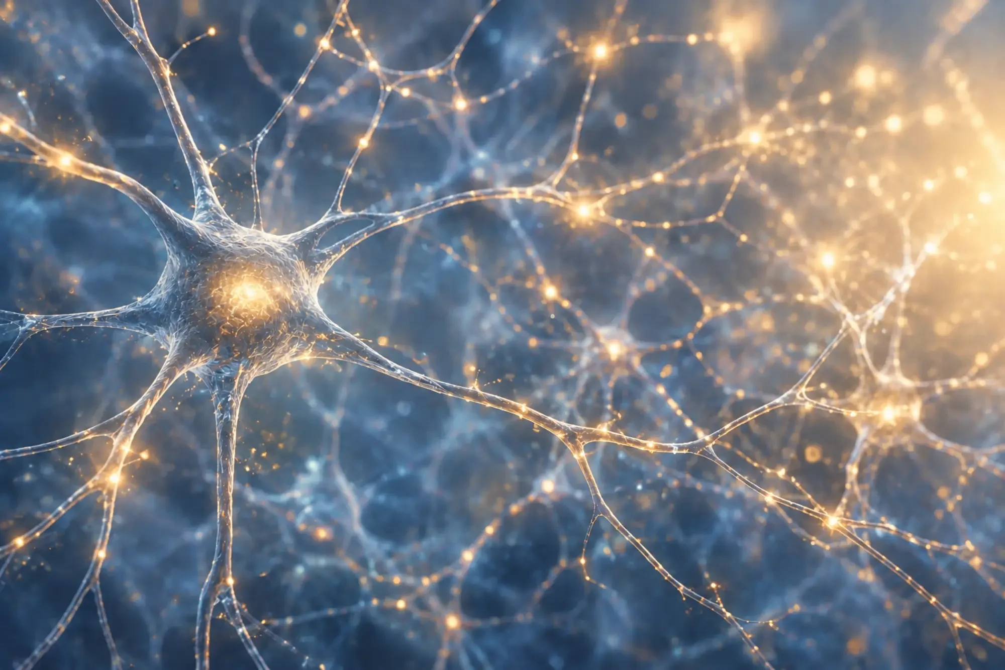 A network of illuminated neurons with glowing dendrites and synapses in a scientific visualization.