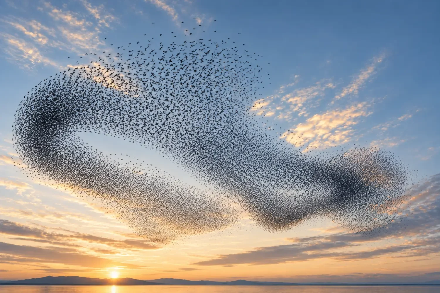 A large flock of birds flying in a synchronized pattern across the sky during sunset with some clouds and a silhouette of mountains on the horizon.