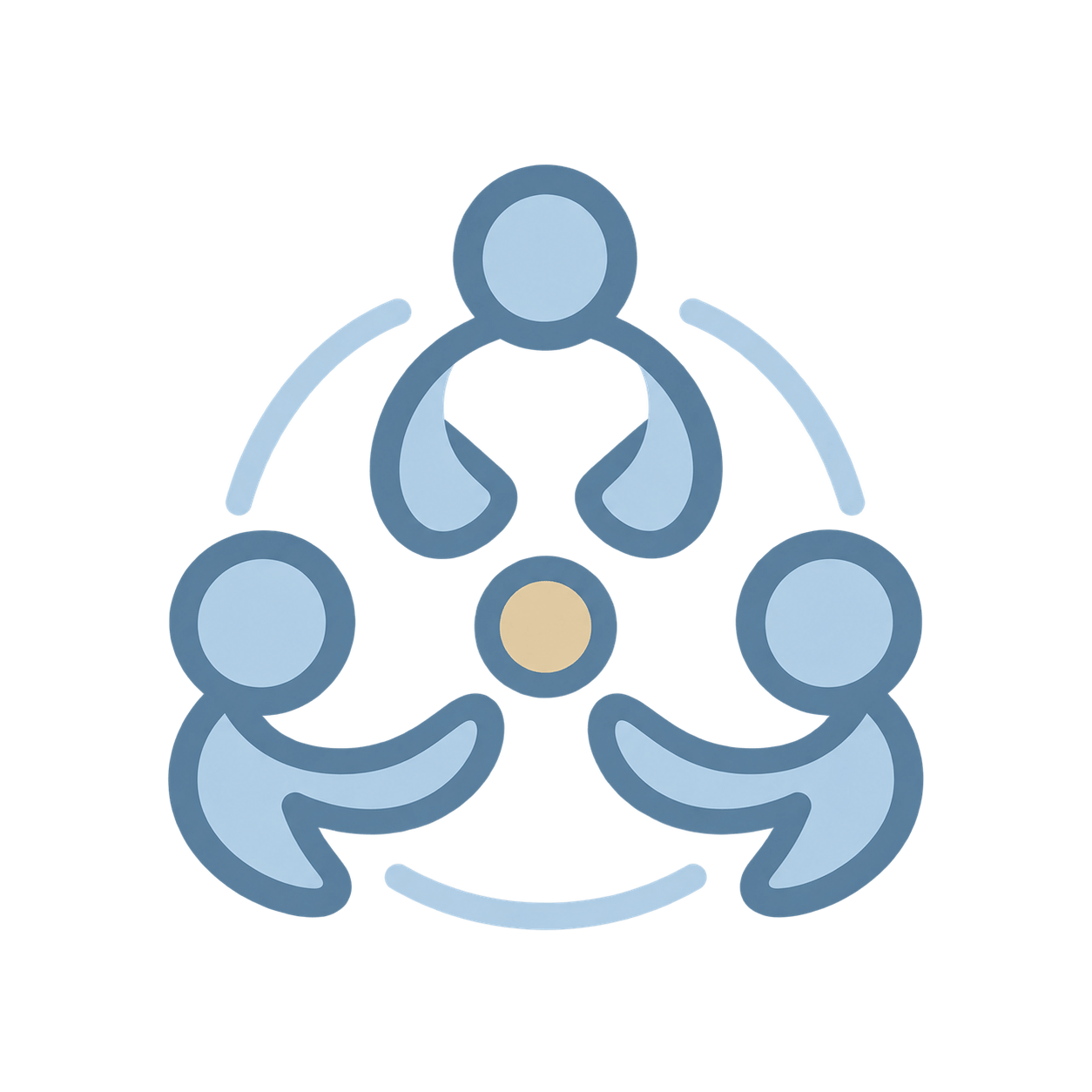 Illustration of three people interconnected in a circular formation with a fourth central figure, representing teamwork or collaboration.