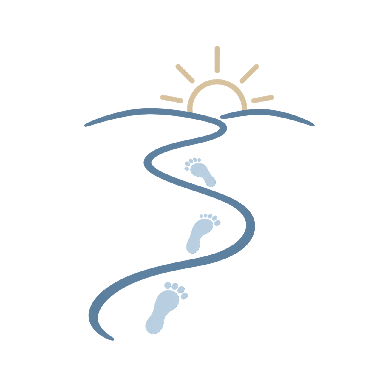 Stylized illustration of a winding path leading to a sunrise on the horizon, with footprints along the trail.