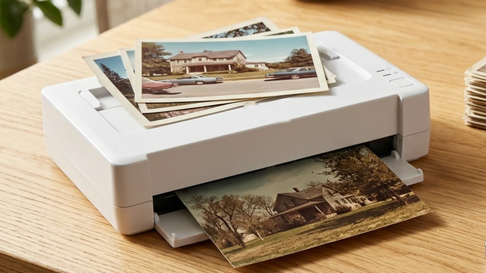 Old family prints going through a photo scanner on a wooden table
