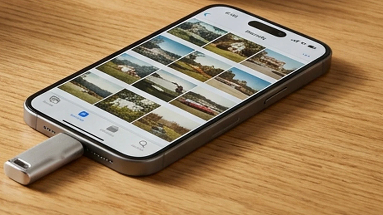 A phone full of photos with a small USB drive plugged in to copy them