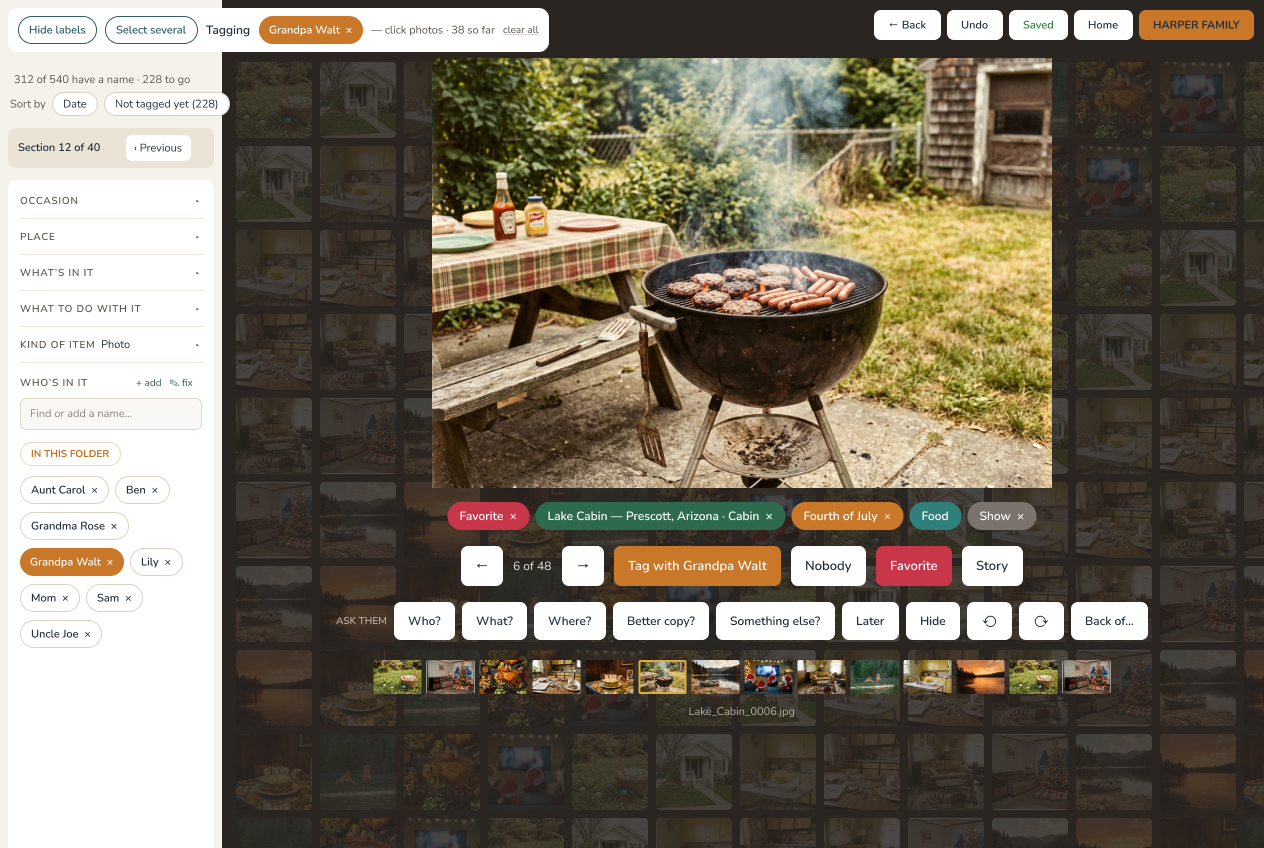A family photo of a backyard barbecue labeled with a place, an occasion and the people in it