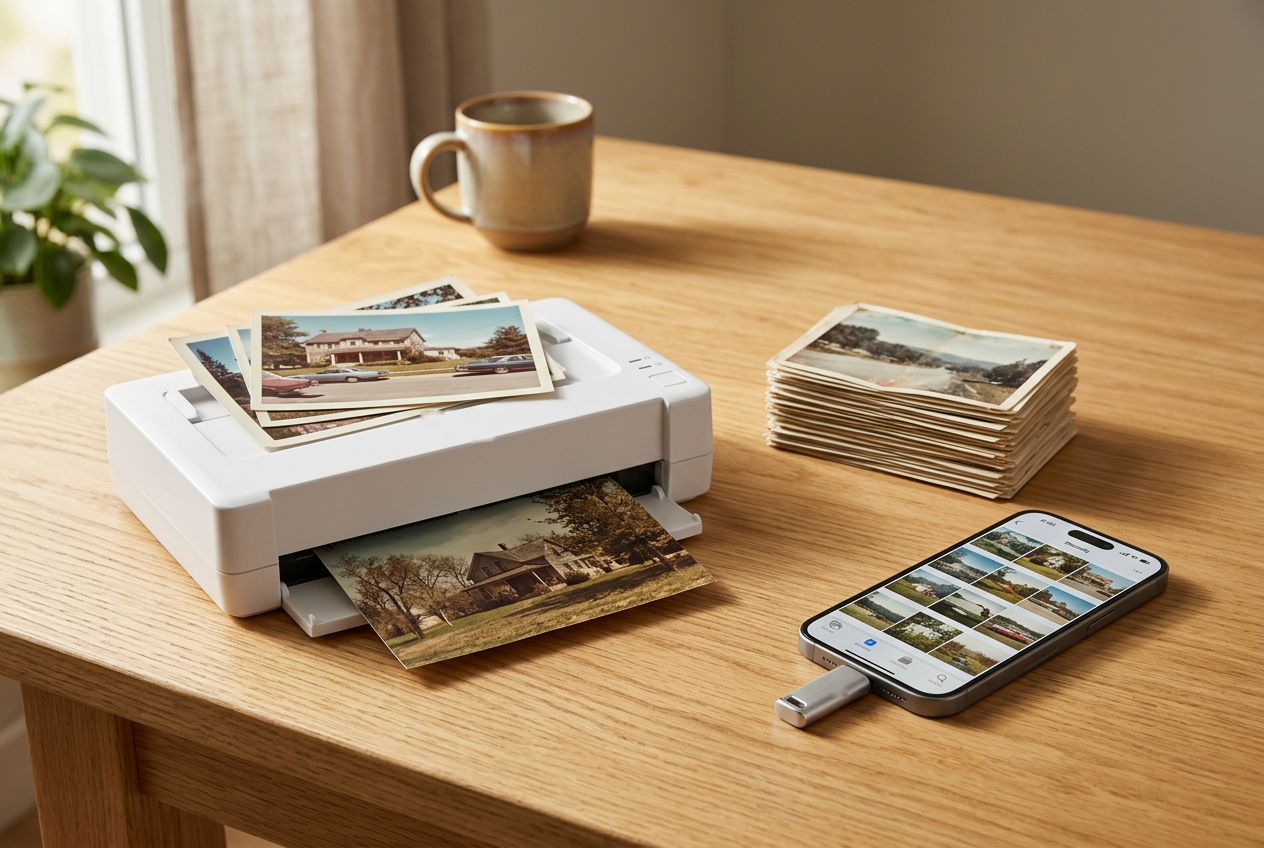 Old prints going through a photo scanner, with a phone copying photos to a small drive