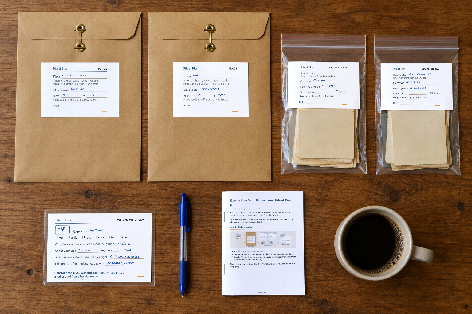 The Pile of Pics Kit: place envelopes, occasion bags, a who's who card and the step-by-step guide