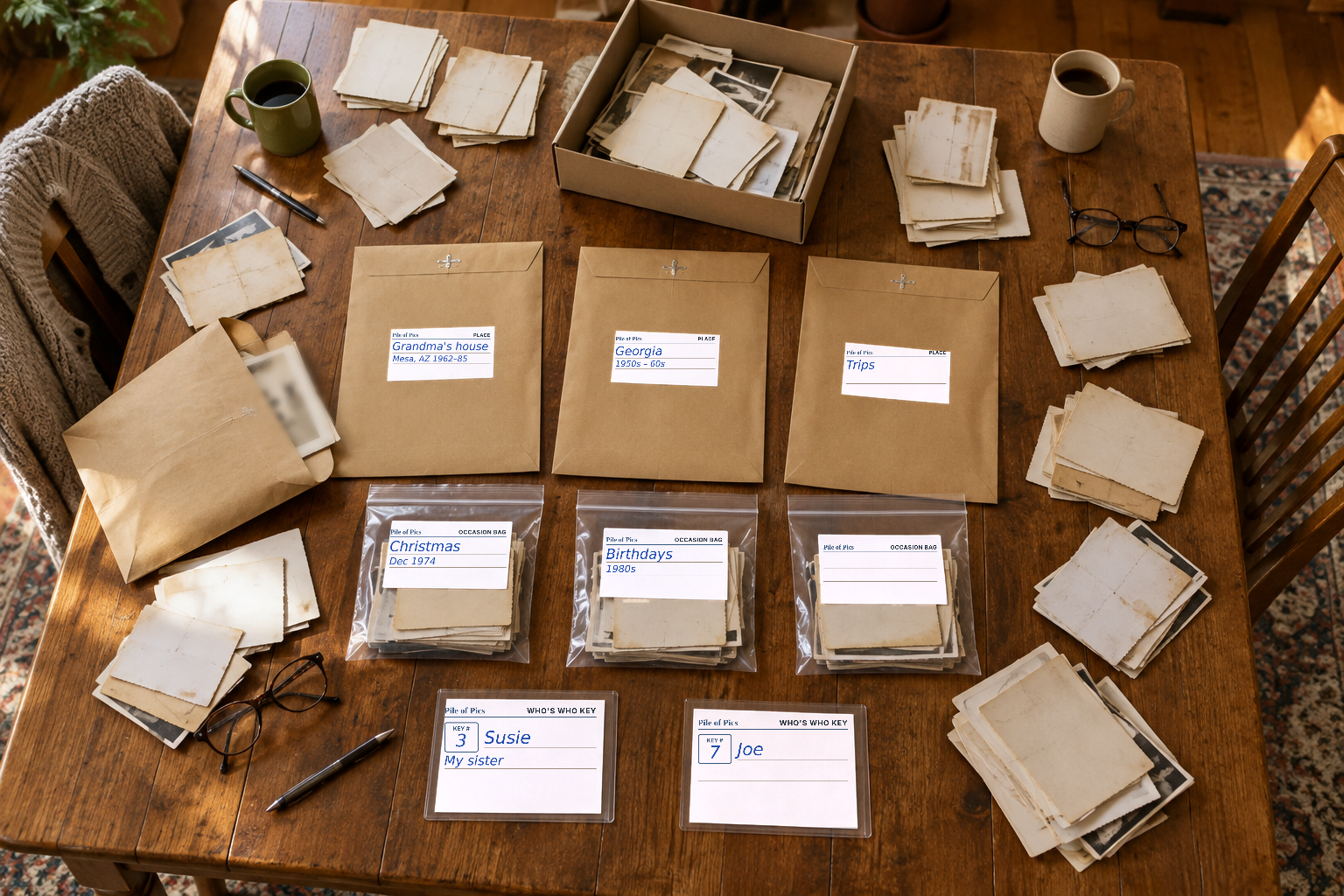 Photos sorted at a kitchen table into labeled place envelopes, occasion bags and who's who cards