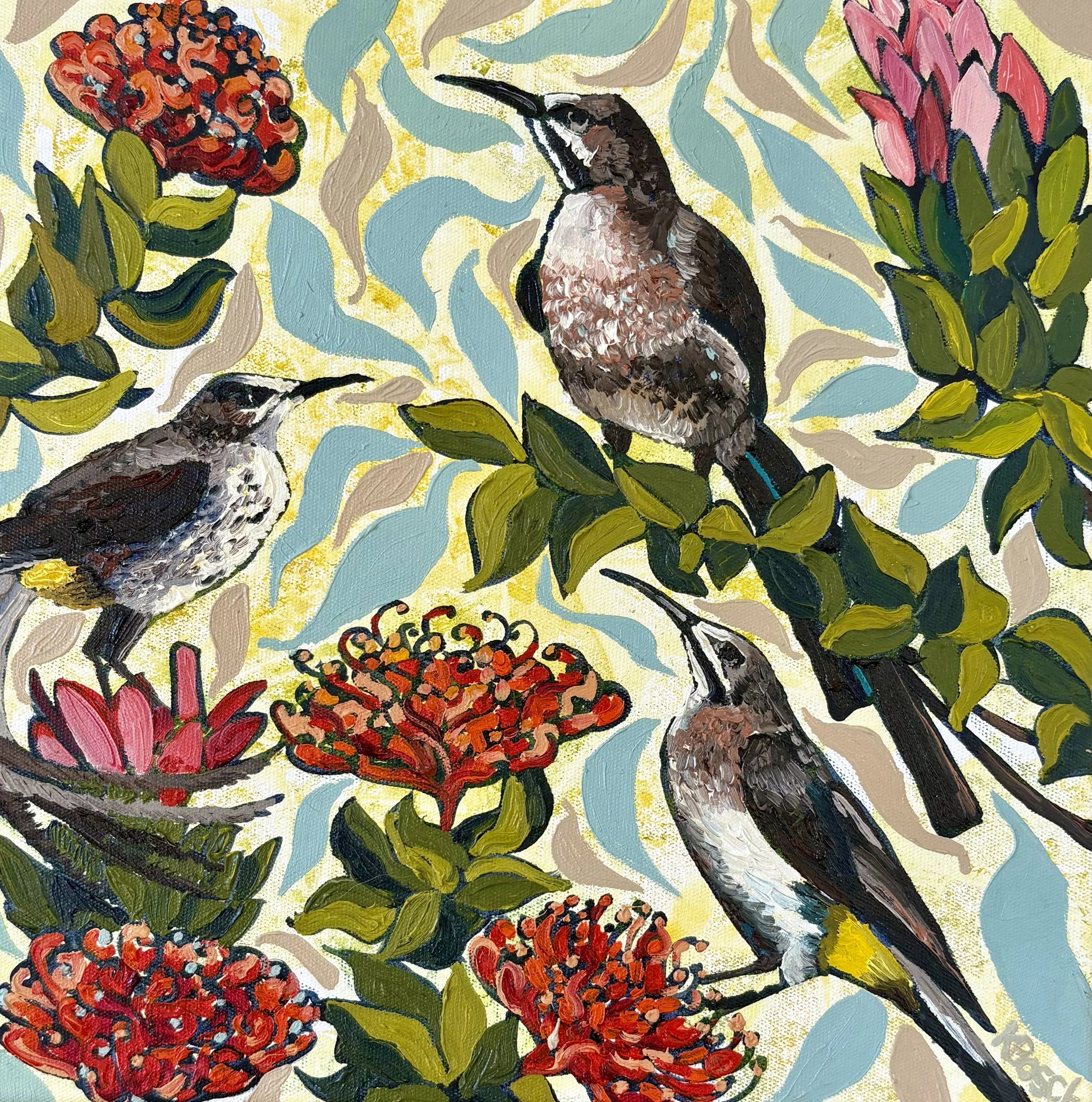 Three Cape Sugarbirds, 28x28cm framed, oil on canvas, $500