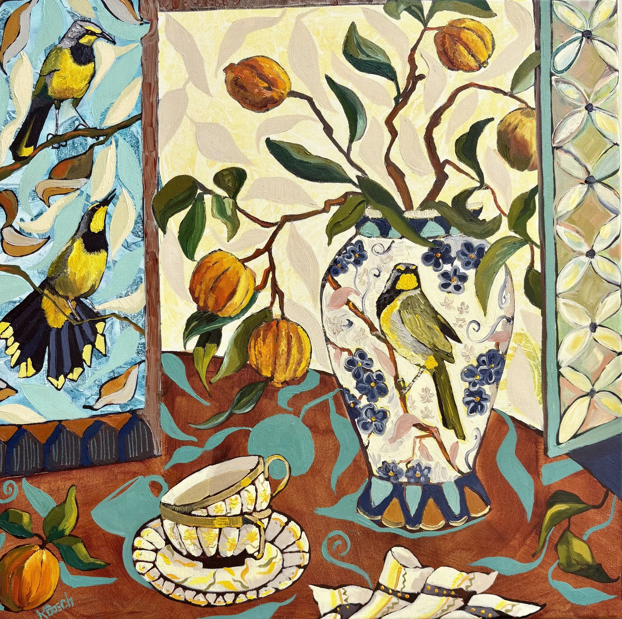 Bokmakieries in the Orchard, 53x53cm framed, oil on canvas, $1,200