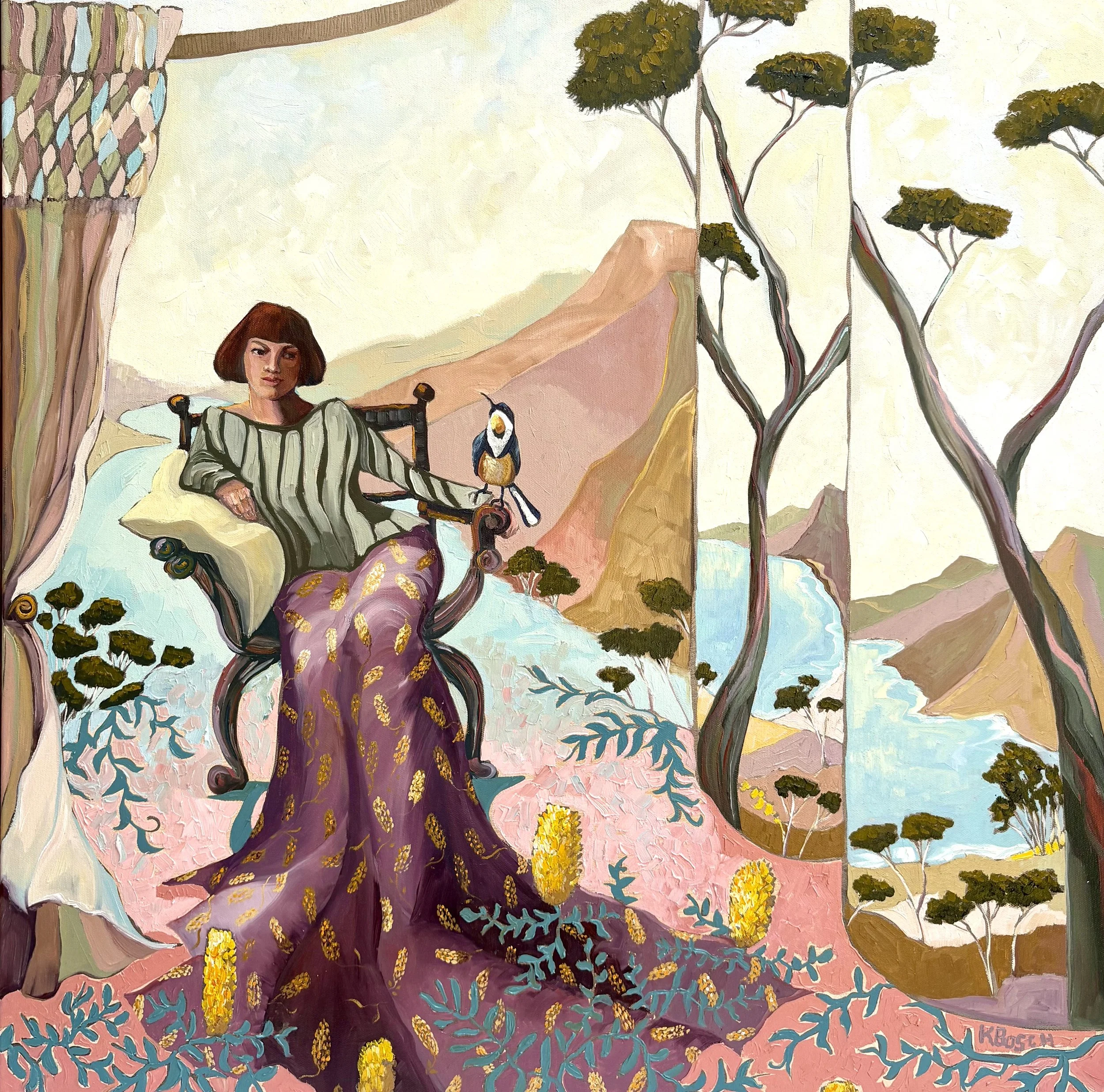 Telling Stories, 79x79cm framed, oil on canvas, $2,500