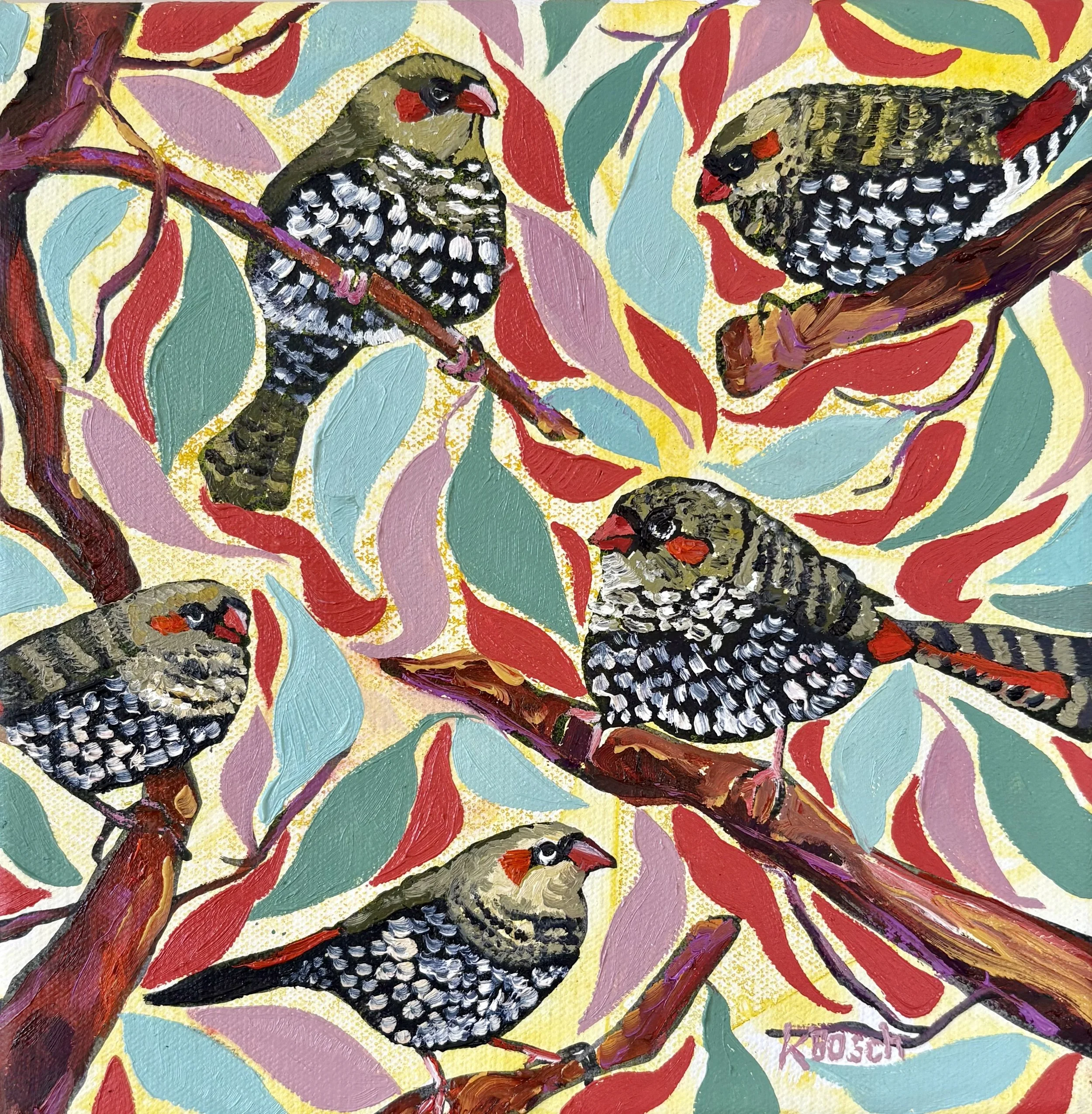 Five red-eared Finches , 23x23cm framed, oil on canvas, $450