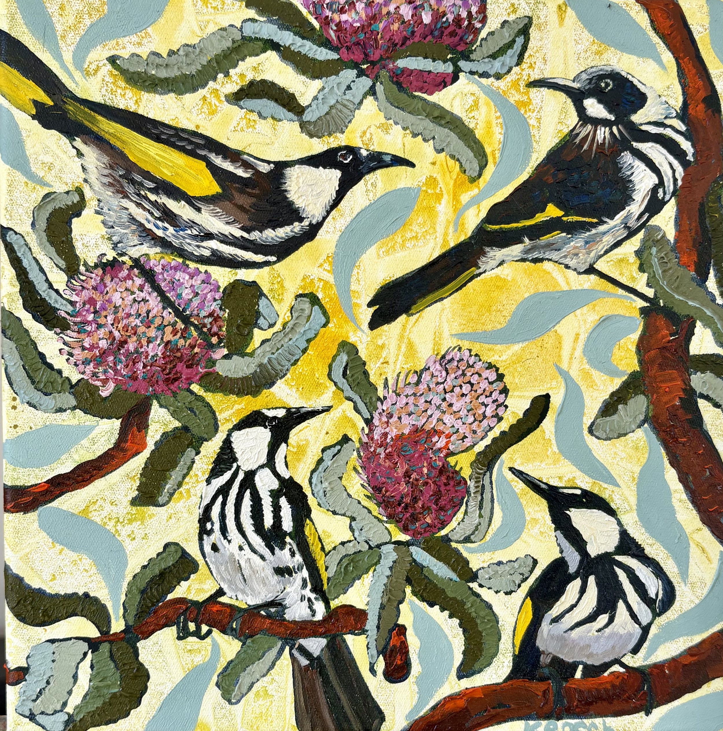 Four White-cheeked Honey-eaters, 28x28cm framed, oil on canvas, $500