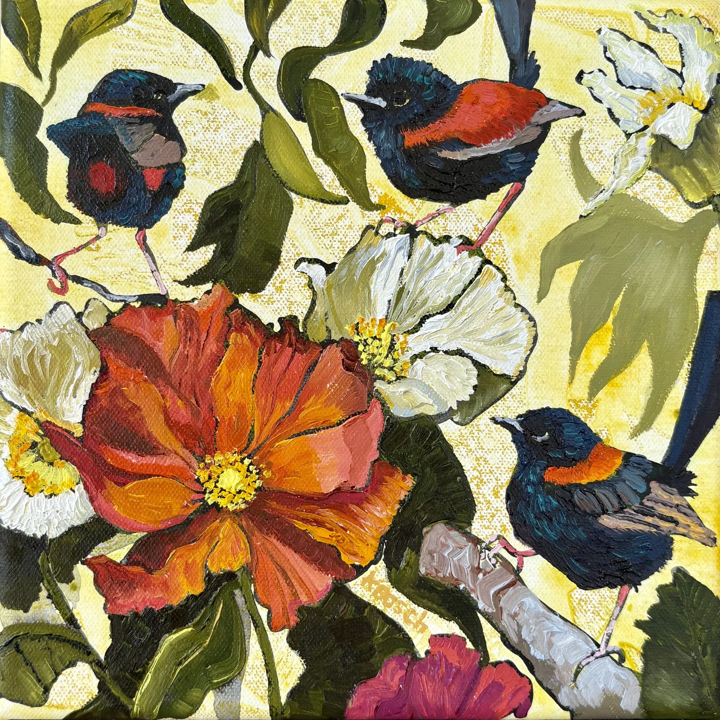 Wrens in the poppies, 23x23cm framed, oil on canvas, $450