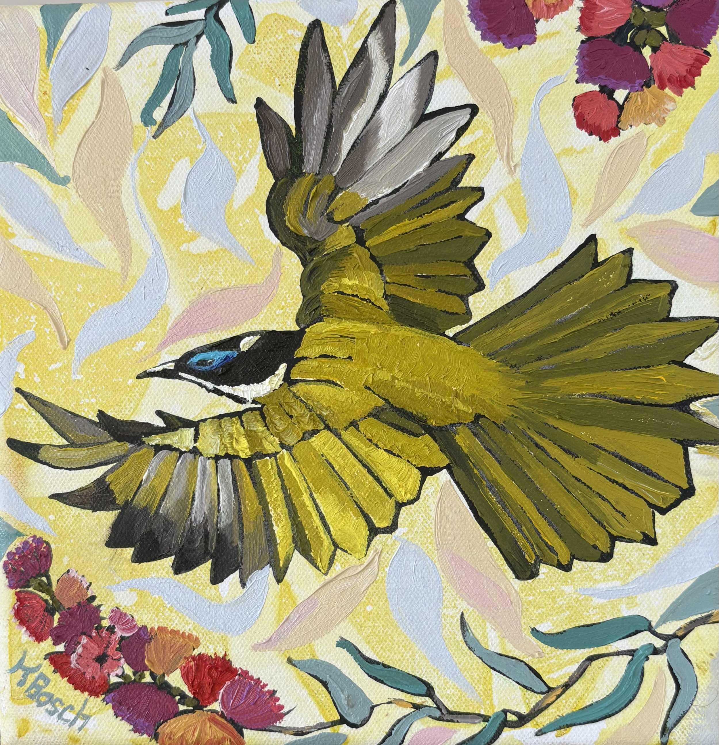 Blue-faced Honey-eater in flight, 23x23cm framed, oil on canvas, $450
