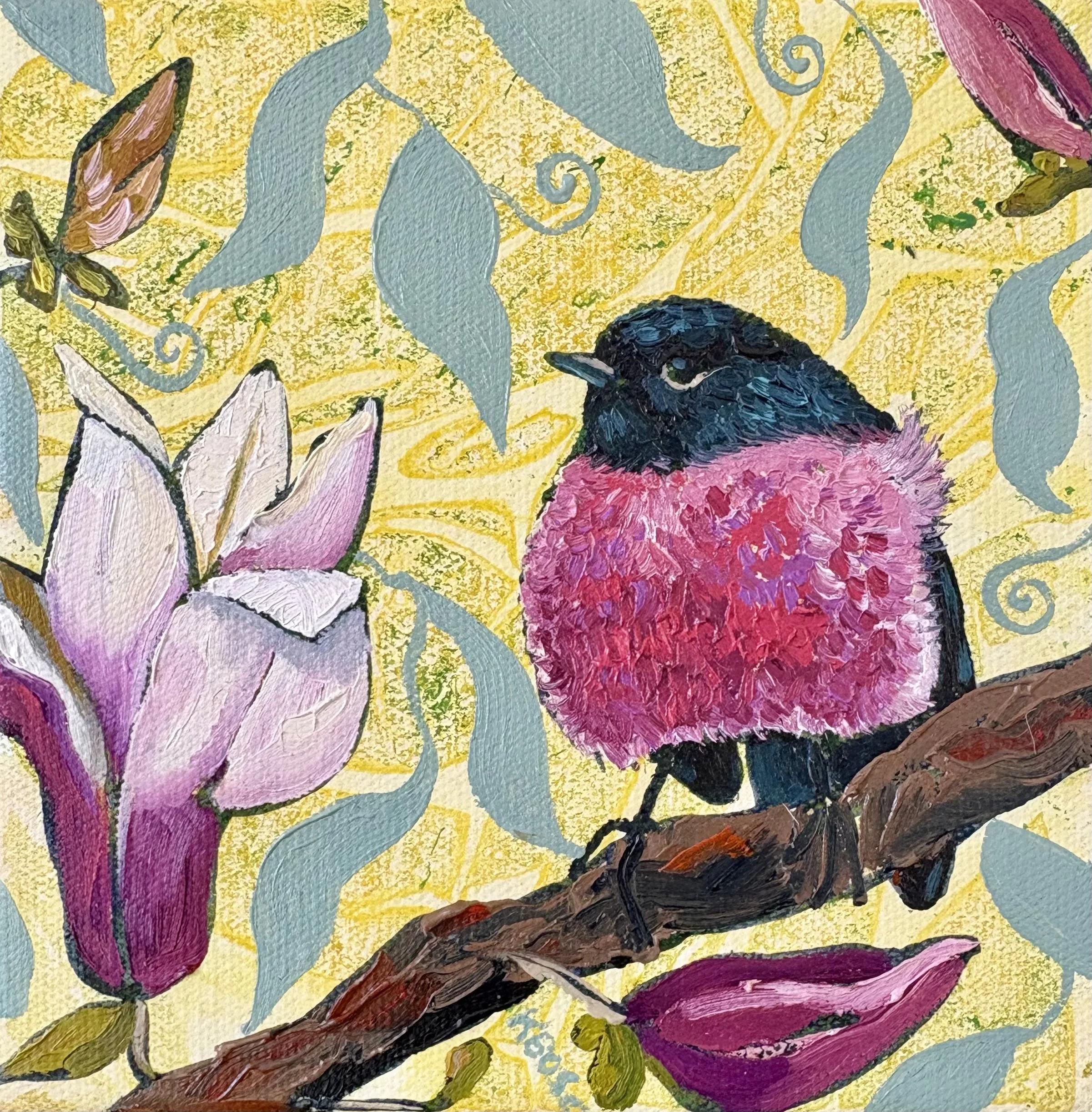 Robin in Magnolias, 18x18cm framed, oil on canvas, $350