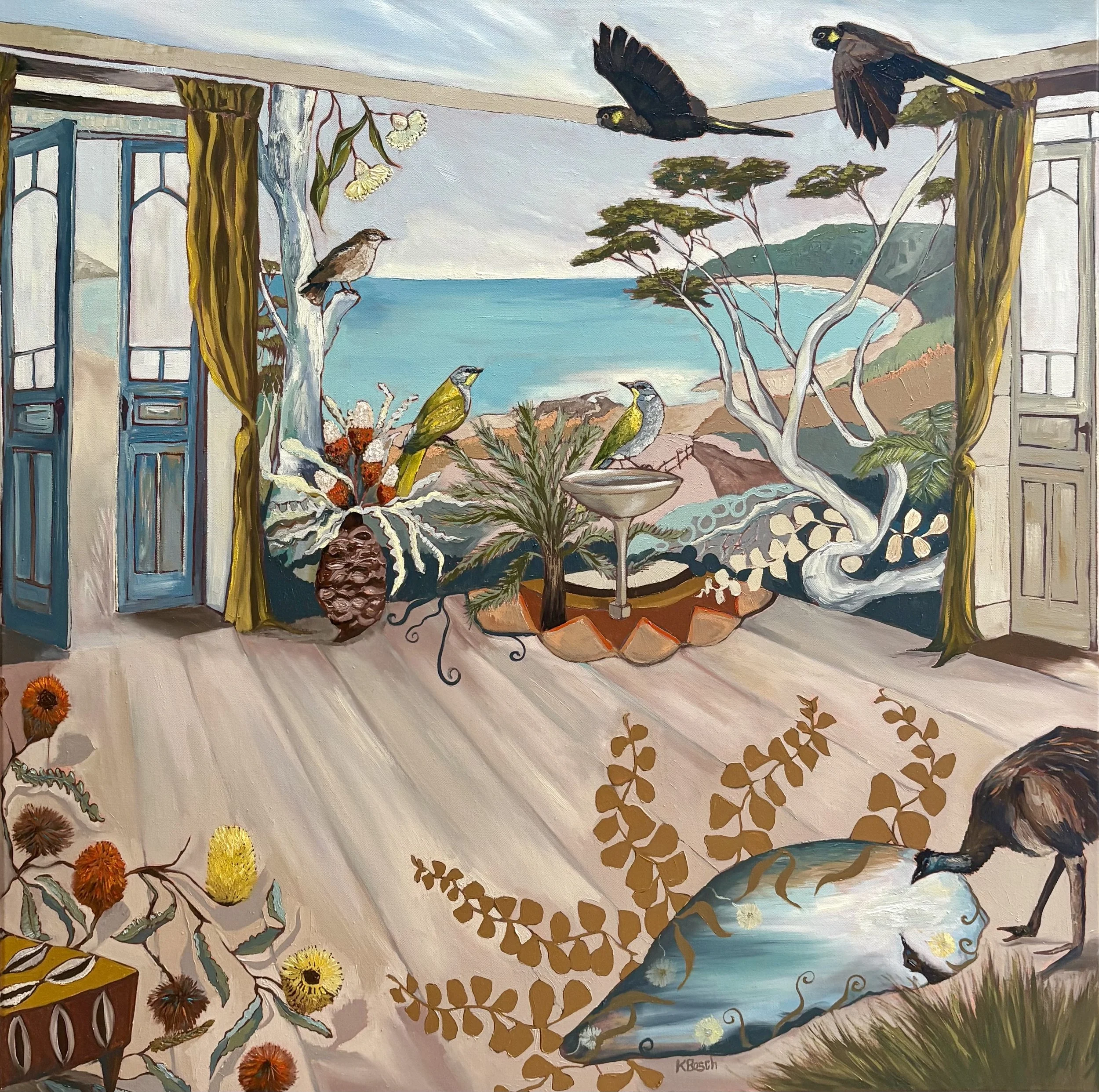 The Beach House, 94x94cm framed, oil on canvas, $3,200