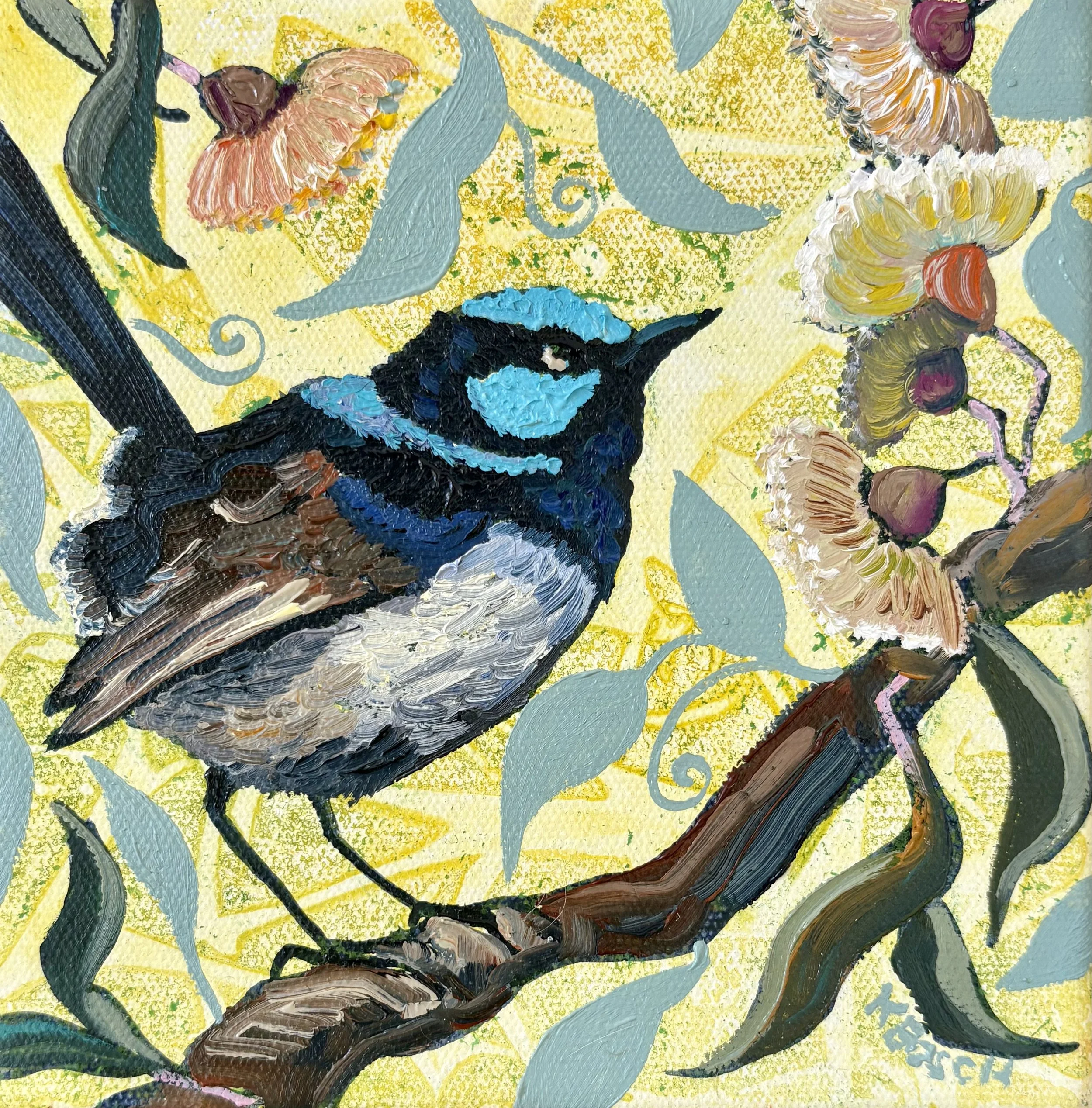 Fairy-wren in Blue, 18x18cm framed, oil on canvas, $350