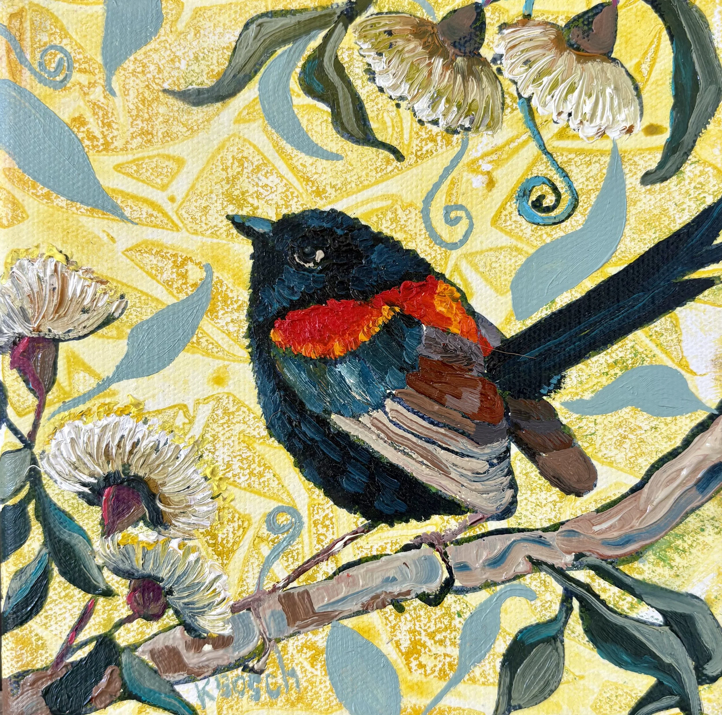 Fairy-wren in Red, 18x18cm framed, oil on canvas, $350