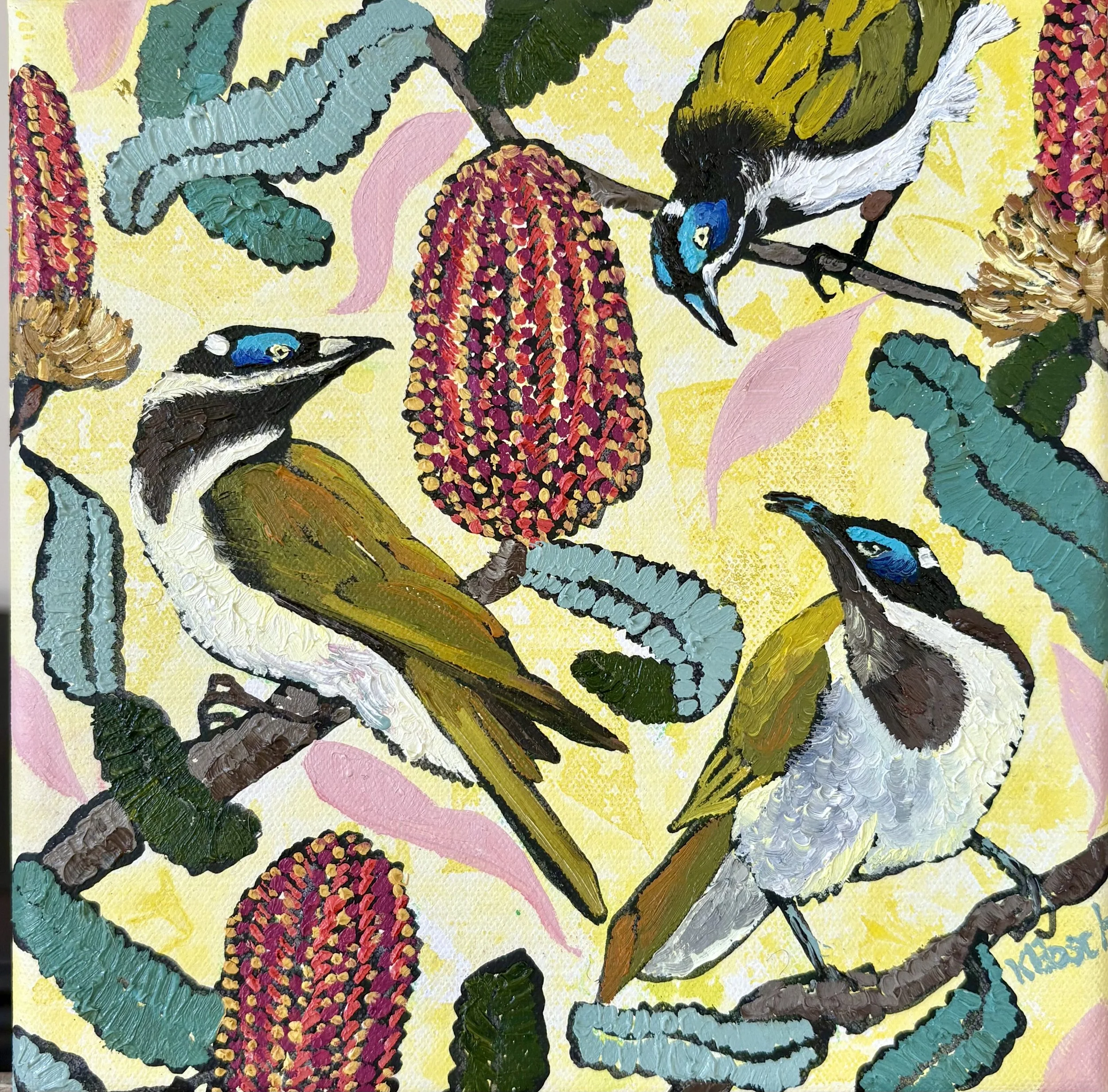 Three Blue-faced Honey-eaters, 23x23cm framed, oil on canvas, $450