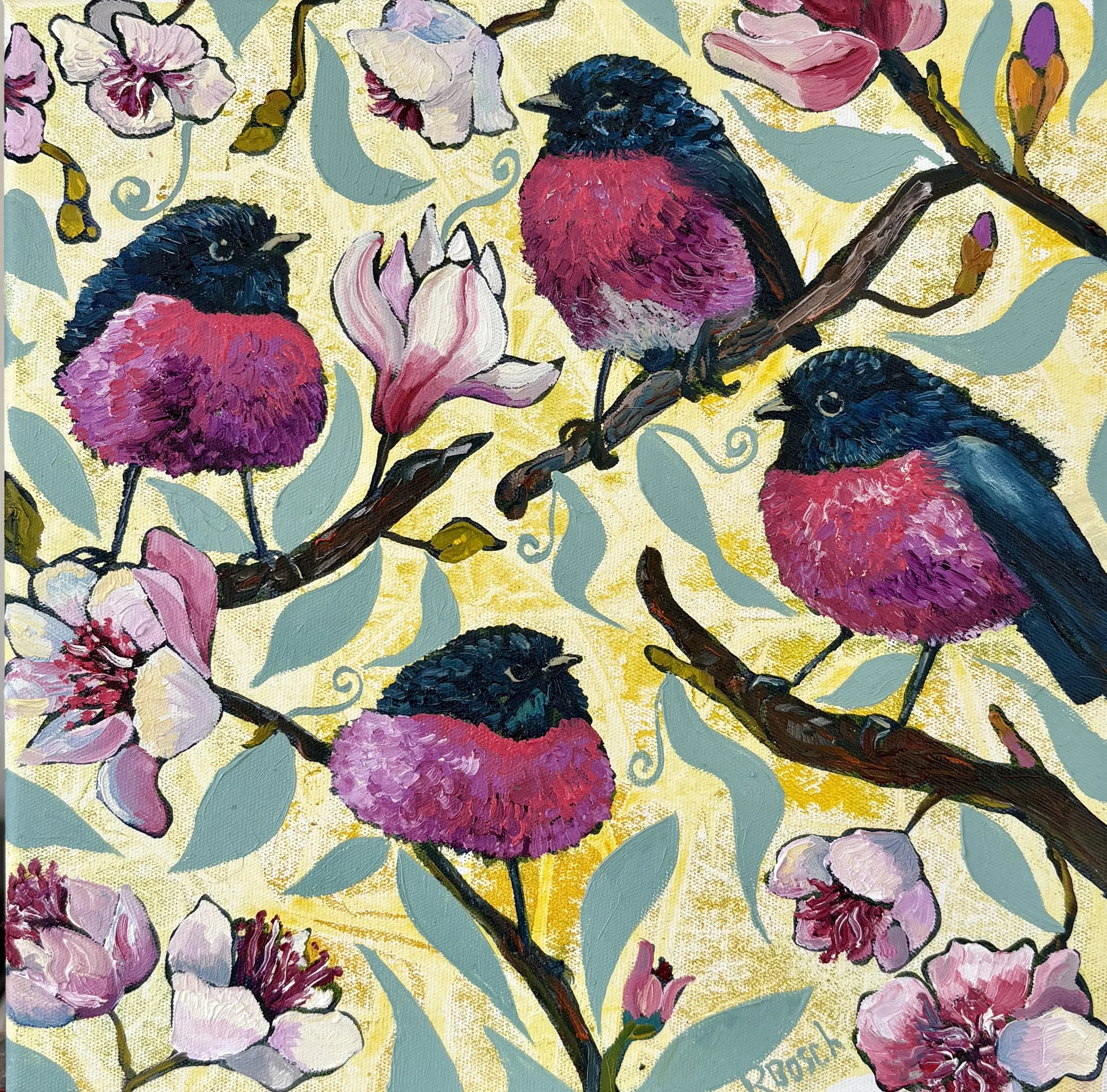 Four Robins, 28x28cm framed, oil on canvas, $500