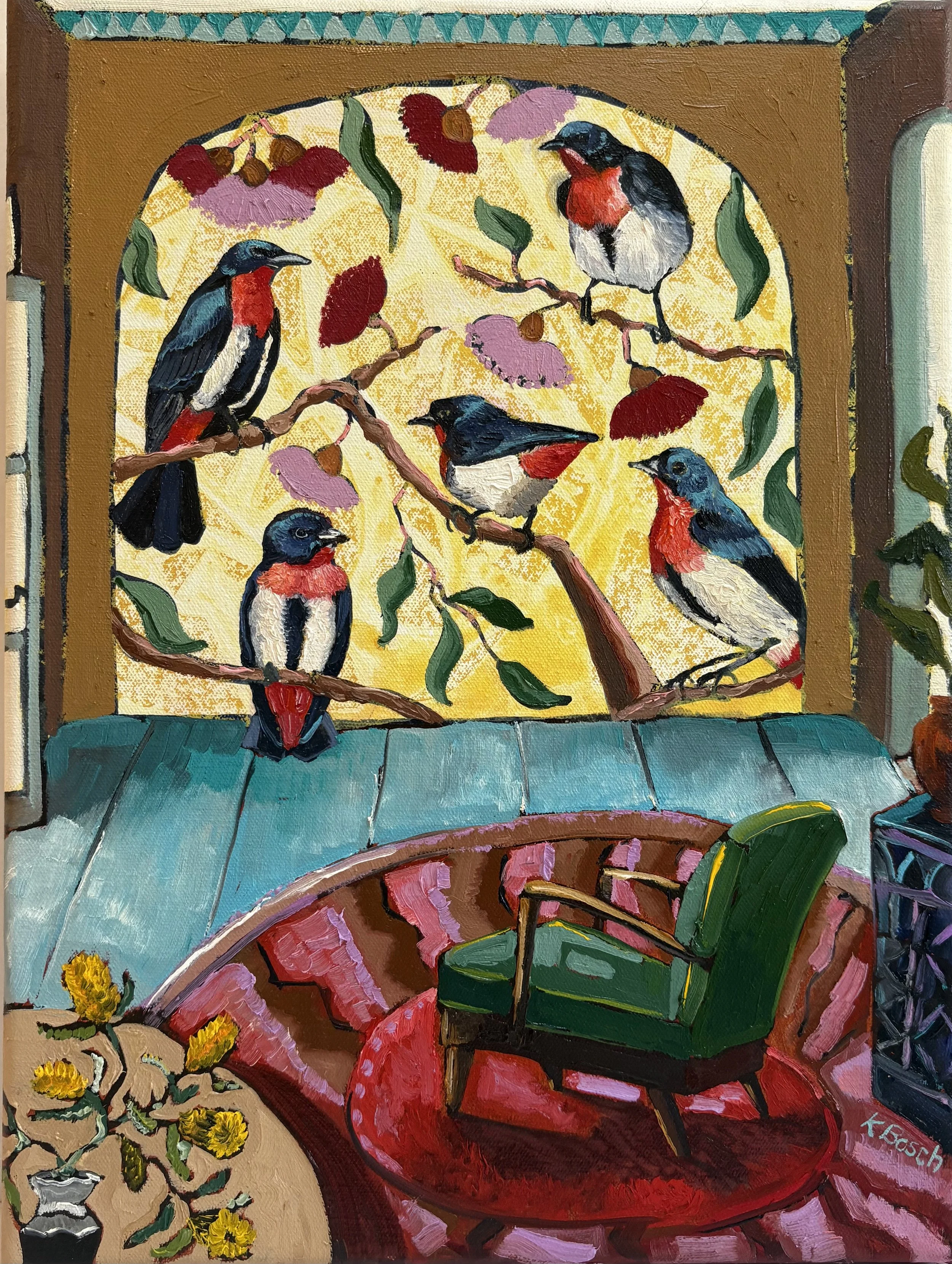Under the Mistletoe(s), 43x33cm framed, oil on canvas, $750