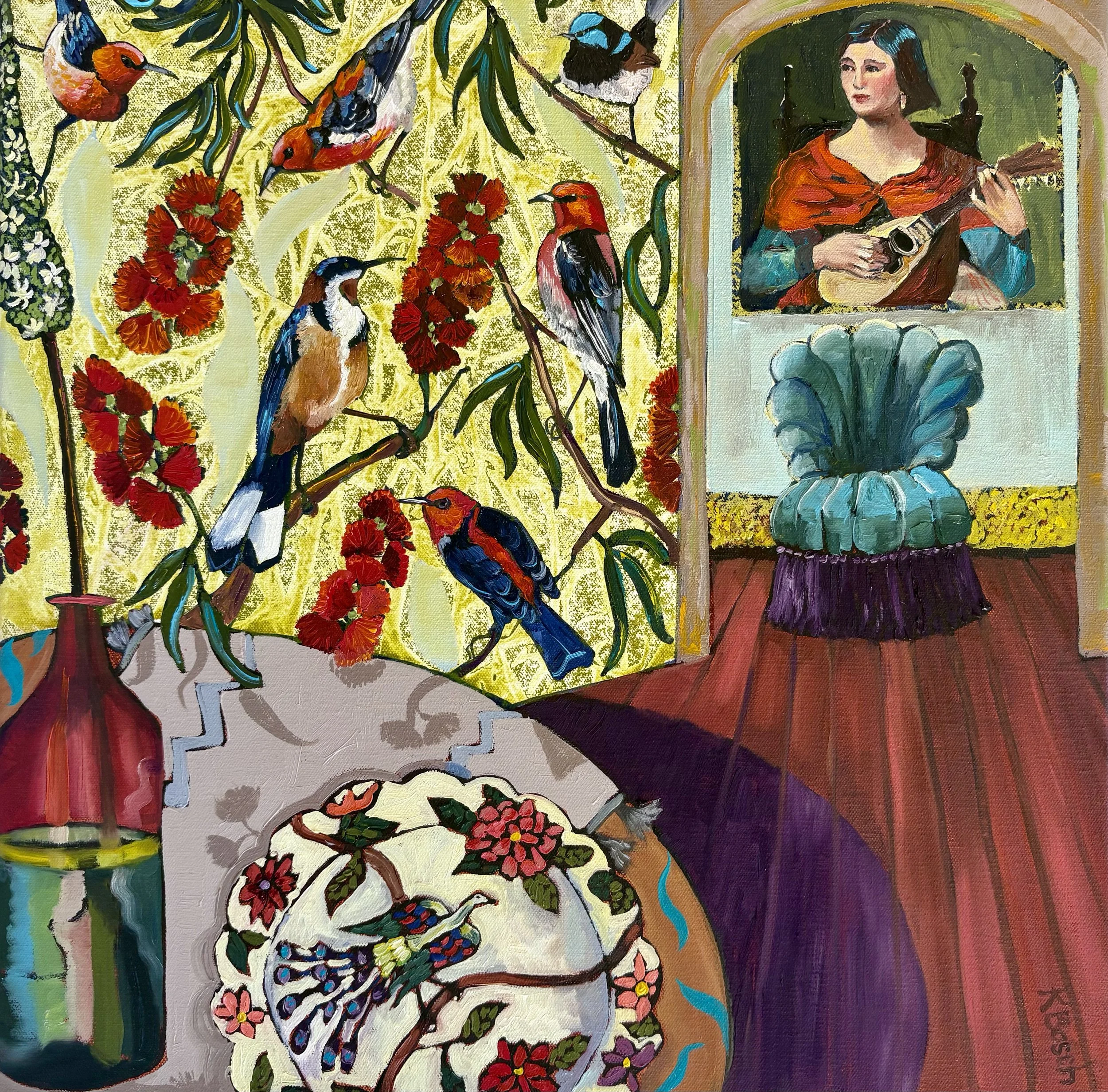 The Accompanist, 49x49cm framed, oil on canvas, $980