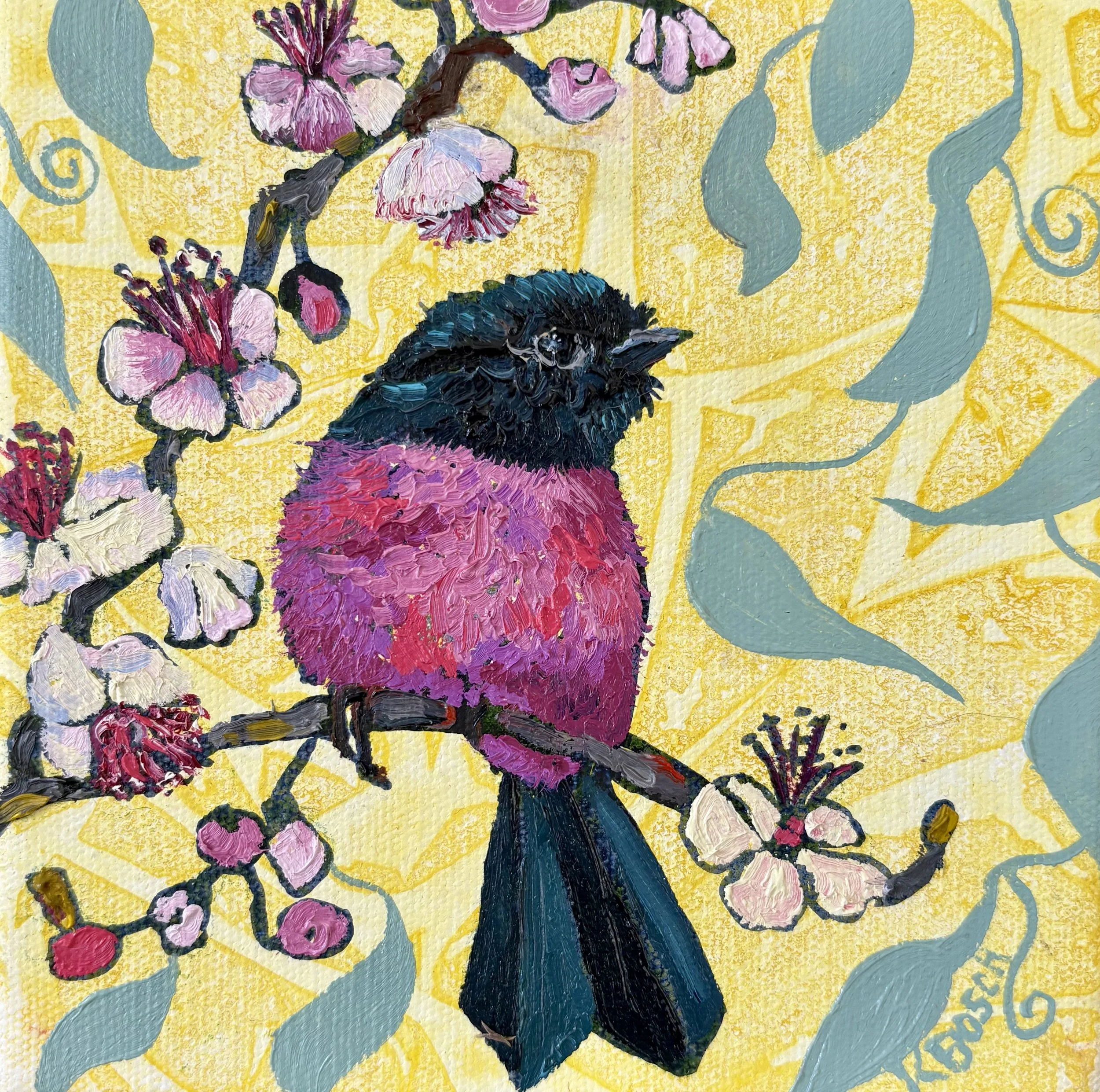Look to the right!, 18x18cm framed, oil on canvas, $350