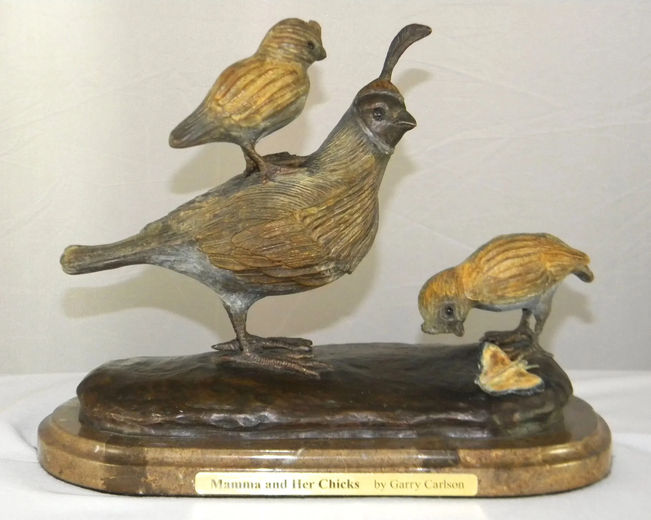 Mama and Chicks 11"w x 9"h x 6"d   Bronze mounted on marble base Edition of 7